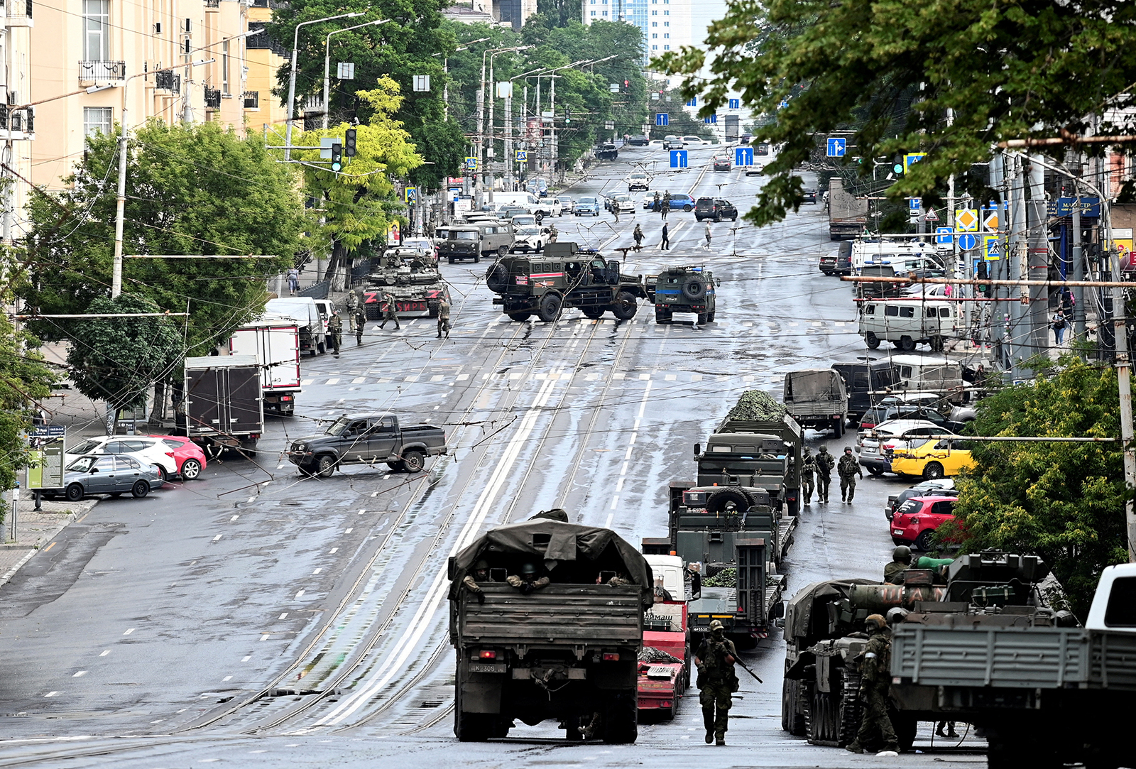 Wagner fighters are deployed in a street in Rostov-on-Don, Russia, on June 24. 