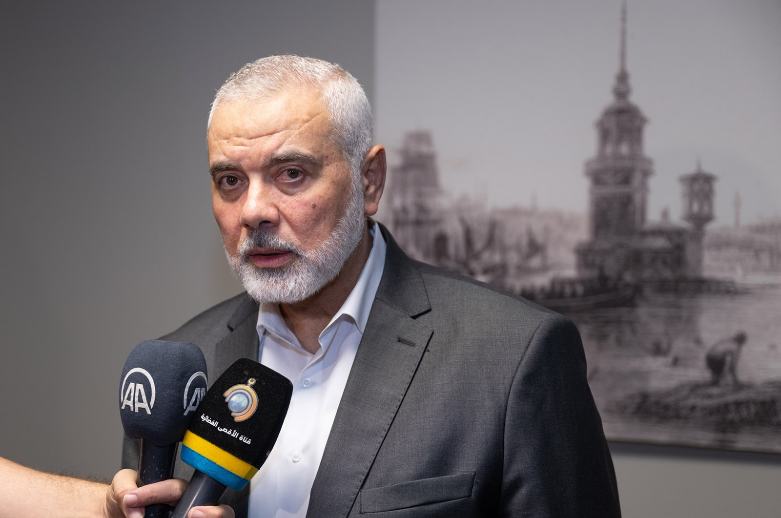 Chairman of the Hamas Political Bureau, Ismail Haniyeh, is pictured speaking to media in Istanbul, Turkey, in September 2023. 