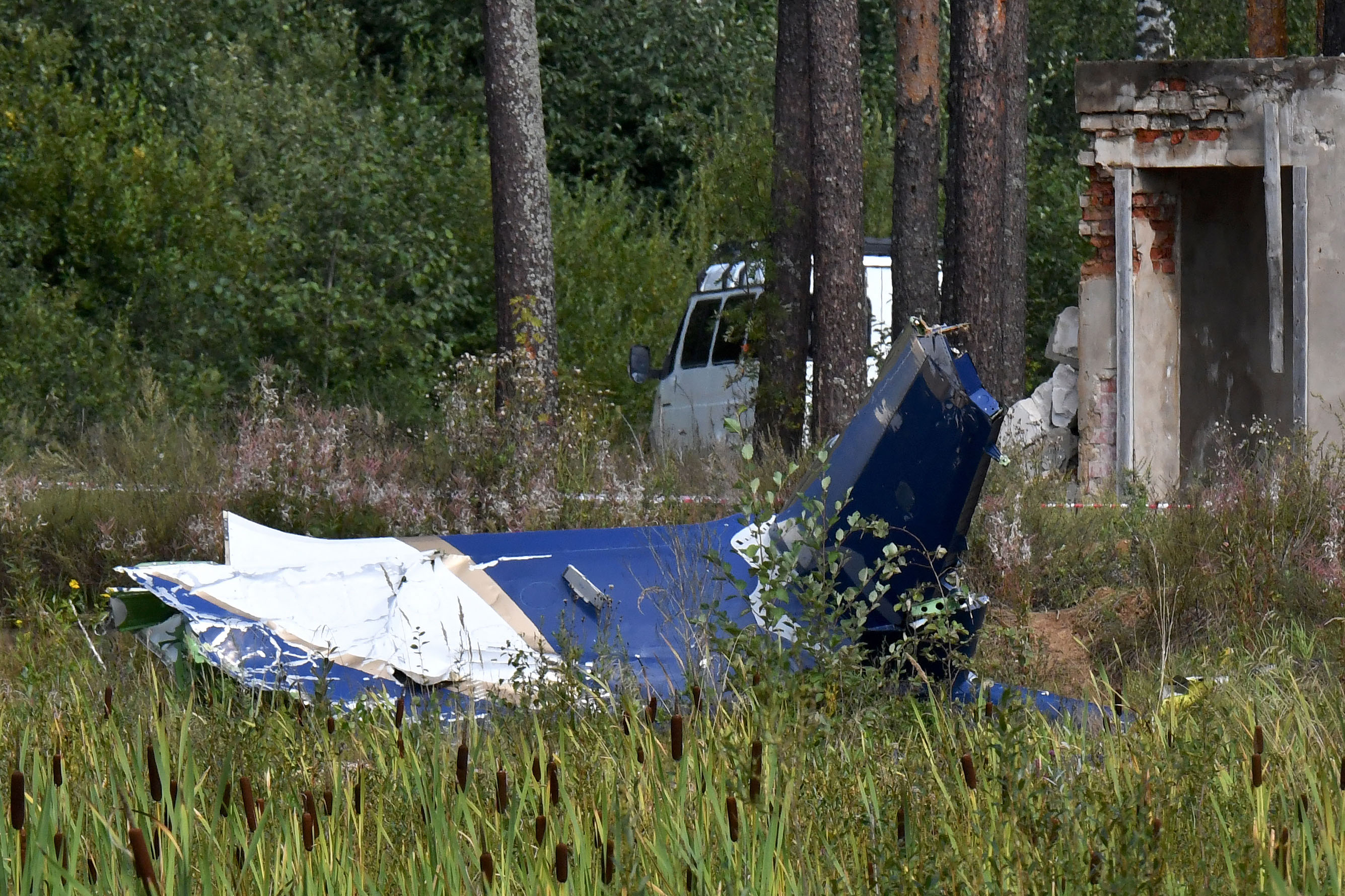 The wreckage of a plane is seen at the site of the crash near the village of Kuzhenkino, Russia, on Thursday.