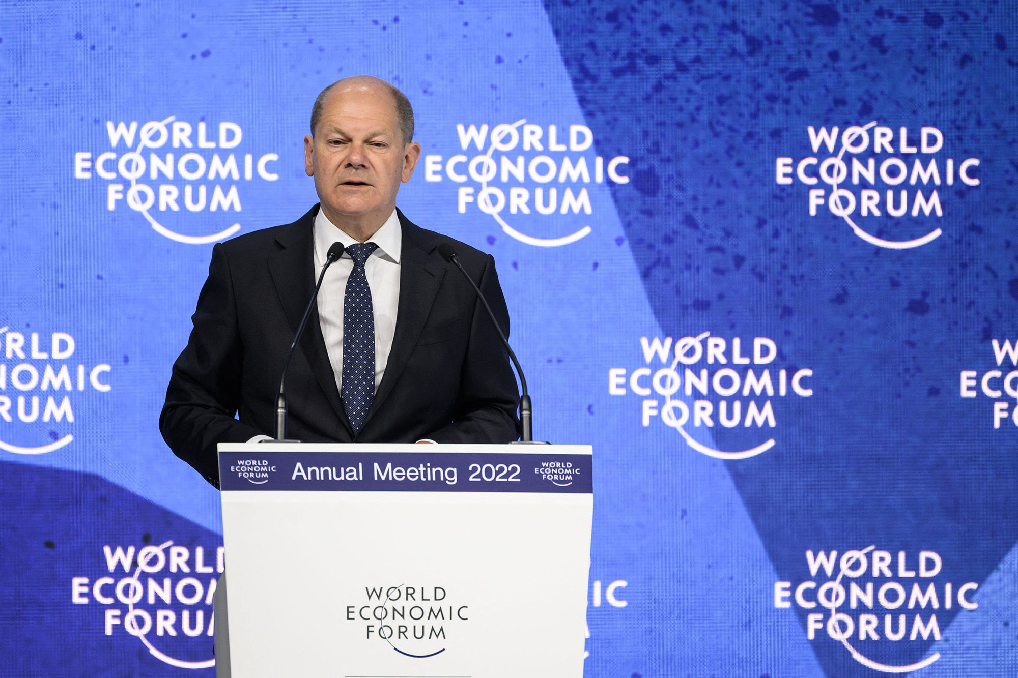 German Chancellor Olaf Scholz addresses the assembly during the World Economic Forum (WEF) annual meeting in Davos, Swon May 26.
