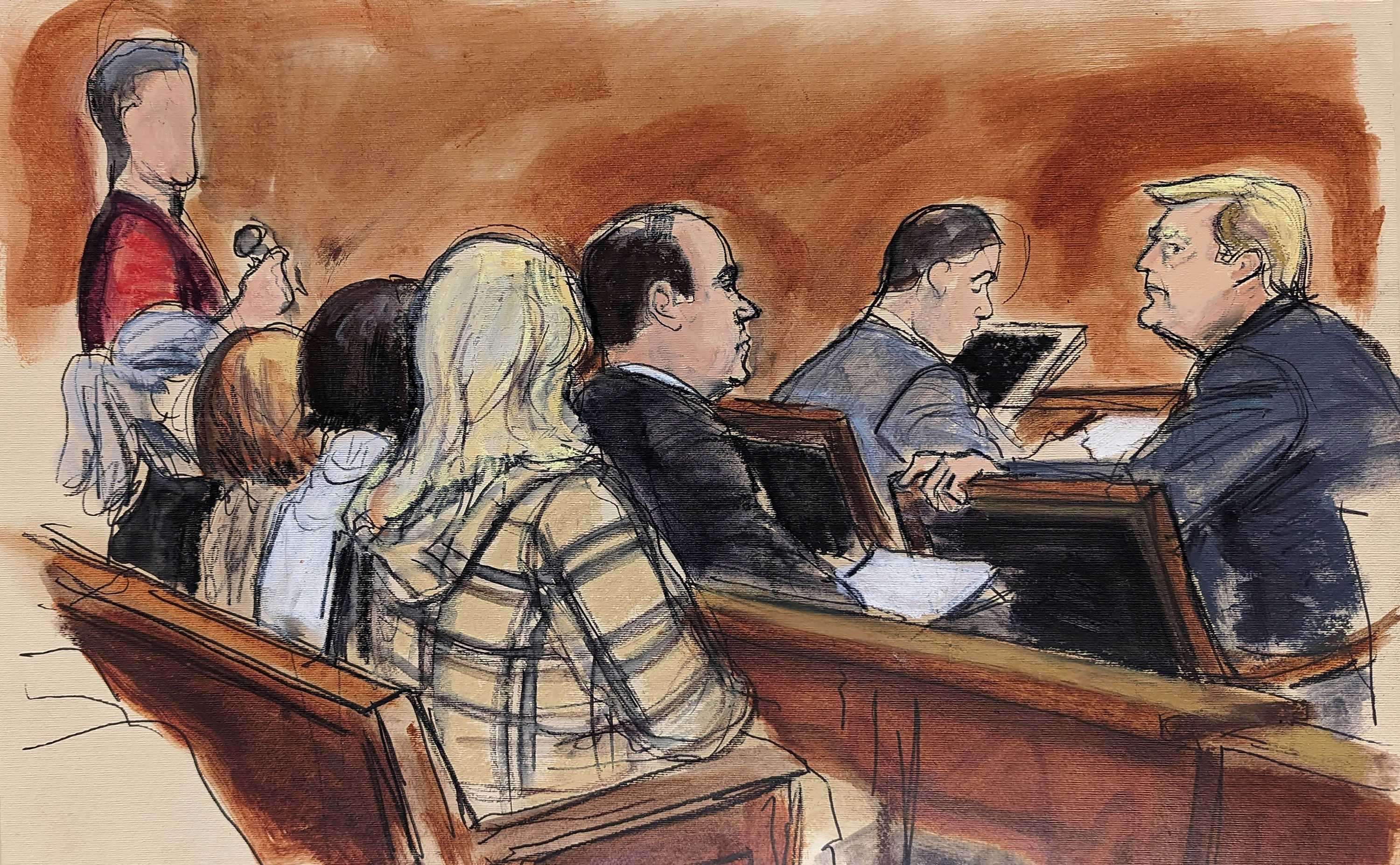 In this courtroom sketch, former President Donald Trump, right, turns to look at a prospective juror, standing left, during questions posed by Judge Lewis Kaplan in the jury selection process in a New York Federal Court on Tuesday.