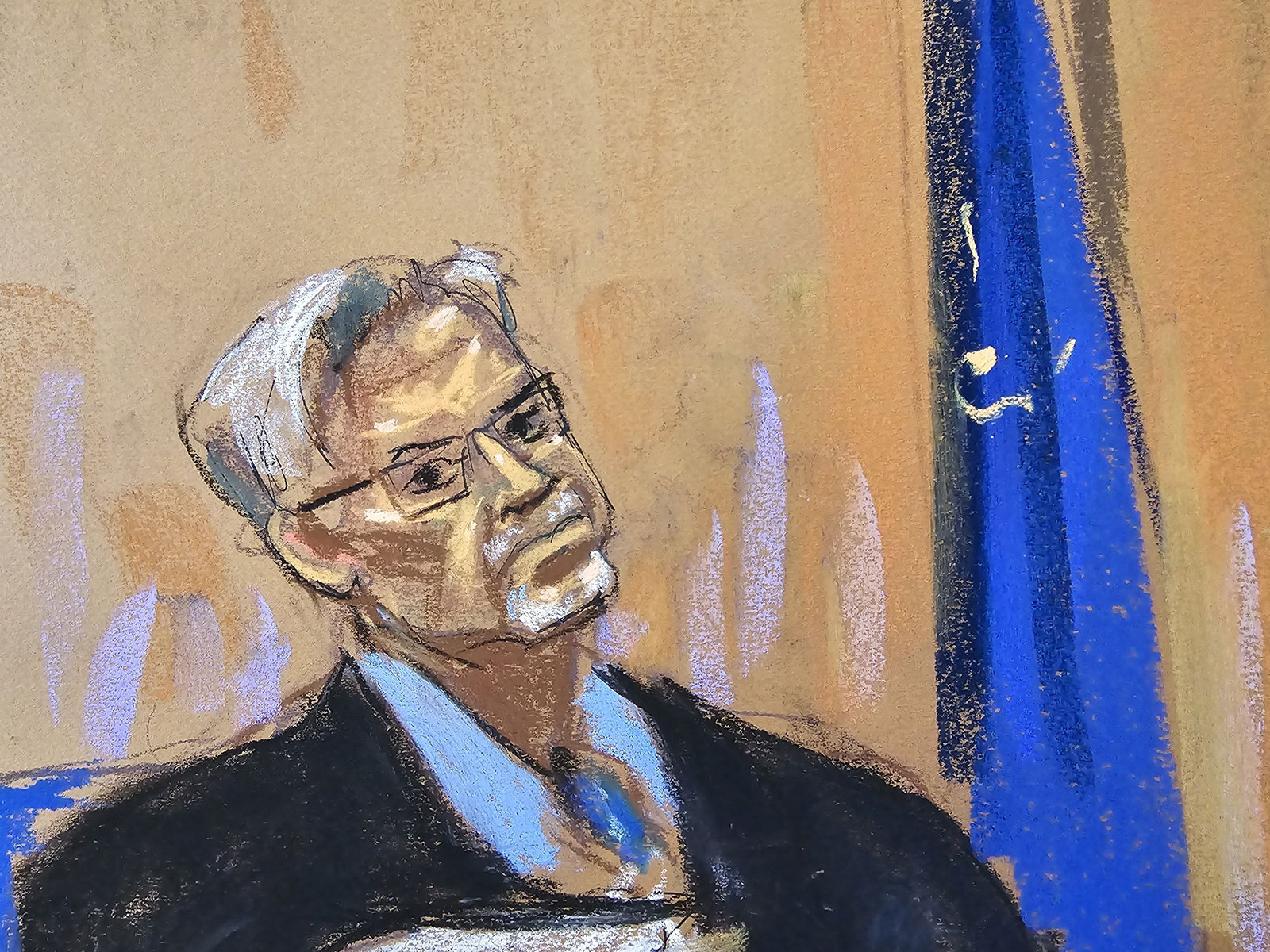 In this court sketch, Judge Juan Merchan sits while “tabloid king” David Pecker, not pictured, testifies in Manhattan criminal court in New York, on Thursday, April 25.