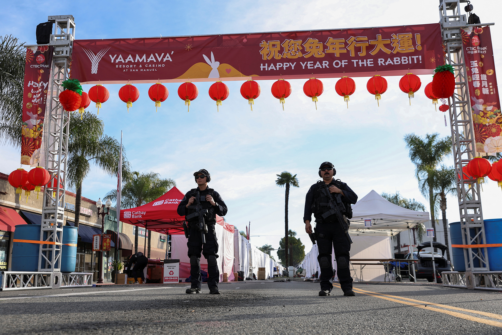 Police officers block off an area after a shooting that took place near a Chinese Lunar New Year celebration in Monterey Park.