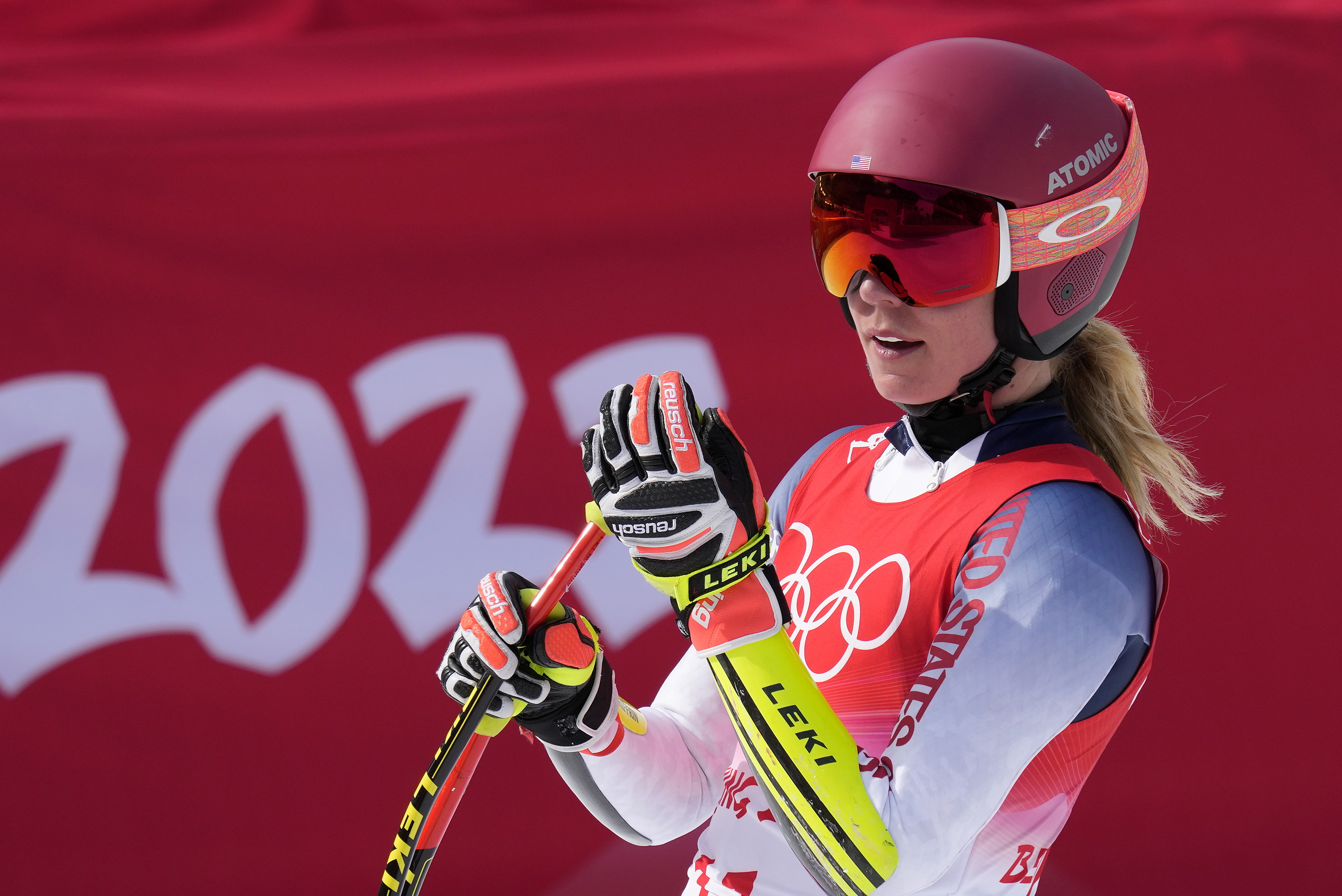 Team USA’s Mikaela Shiffrin reacts after finishing the women's super-G on Friday.