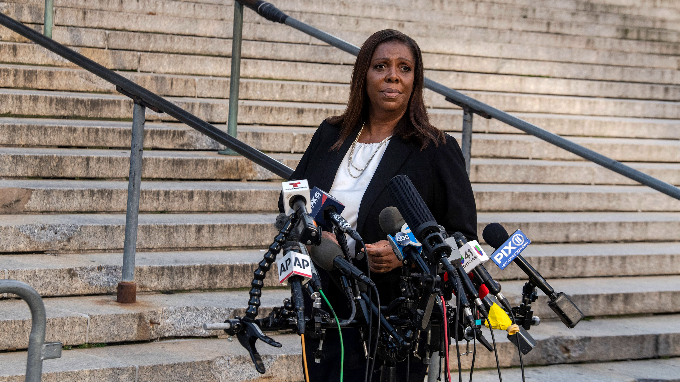 New York Attorney General Letitia James arrives outside New York Supreme Court ahead of former President Donald Trump's civil business fraud trial on Monday in New York.