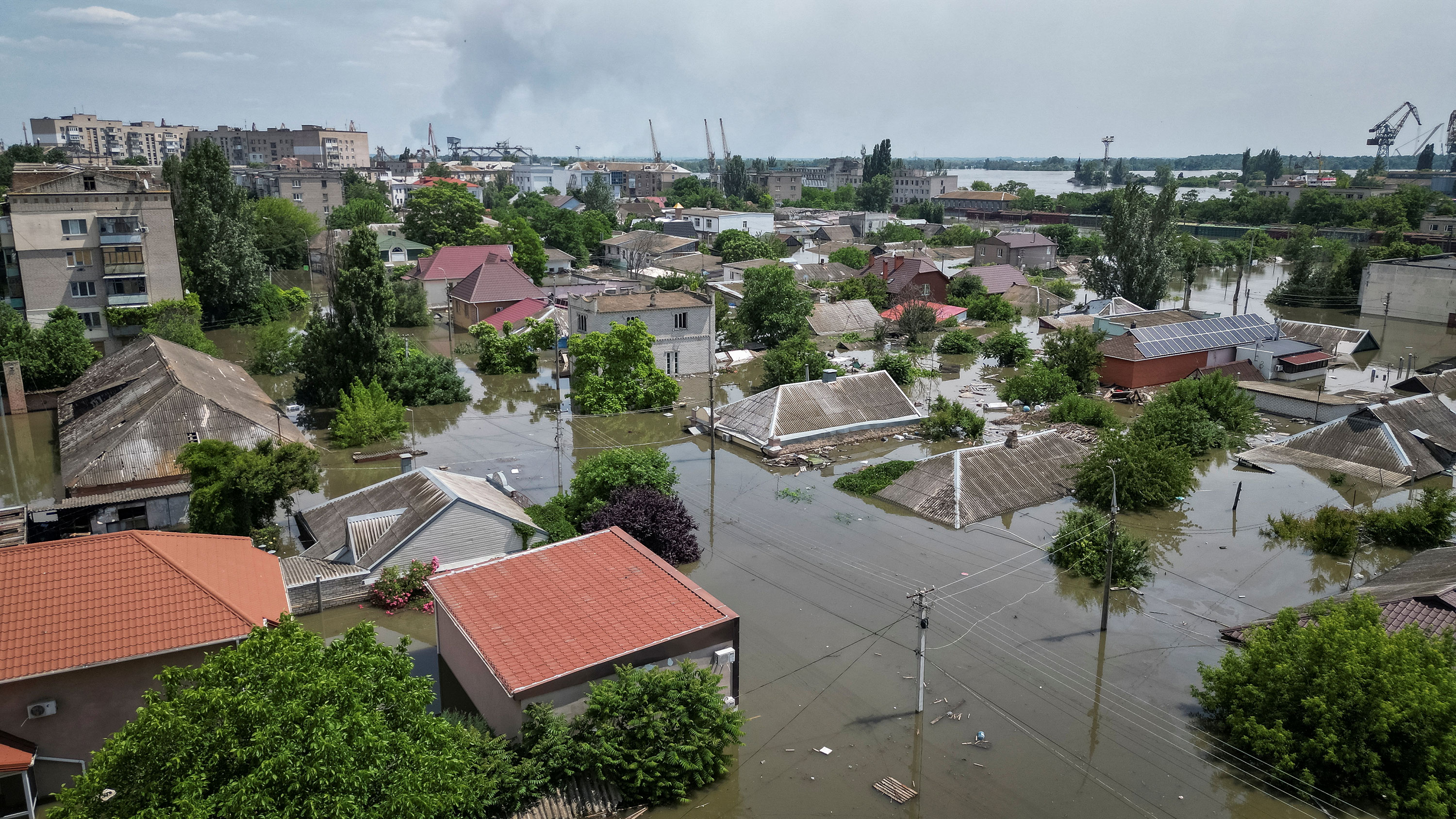 An aerial view of flooding in Kherson after the Nova Kakhovka dam breach on June 7. 