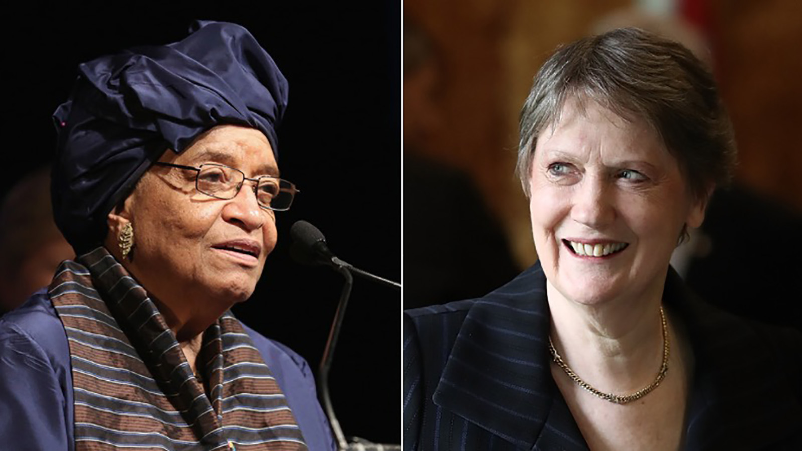 Former Liberian President Ellen Johnson Sirleaf and former New Zealand Prime Minister Helen Clark.