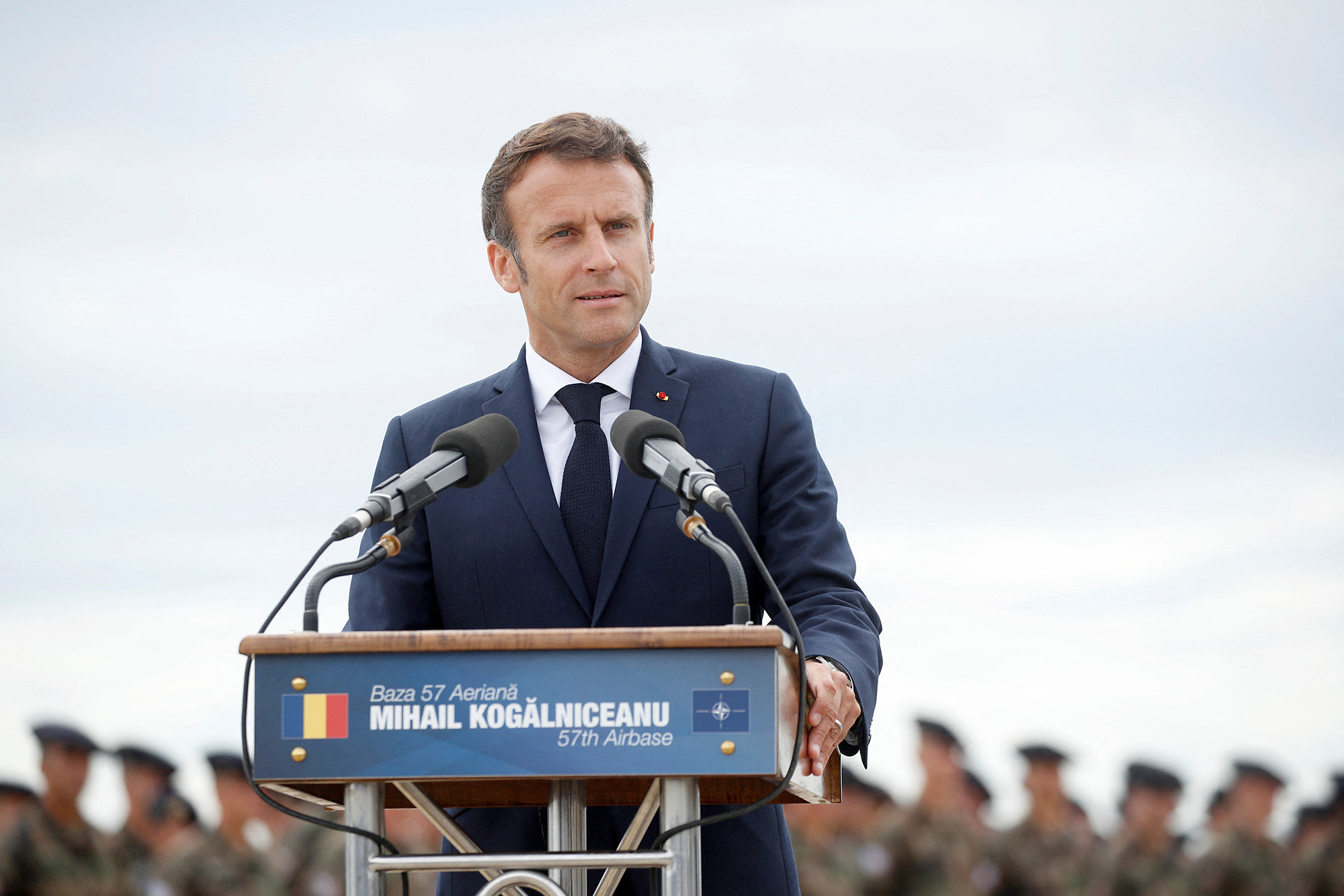 French President Emmanuel Macron addresses NATO forces during his visit at the Mihail Kogalniceanu Air Base, near the city of Constanta, Romania, on June 15.