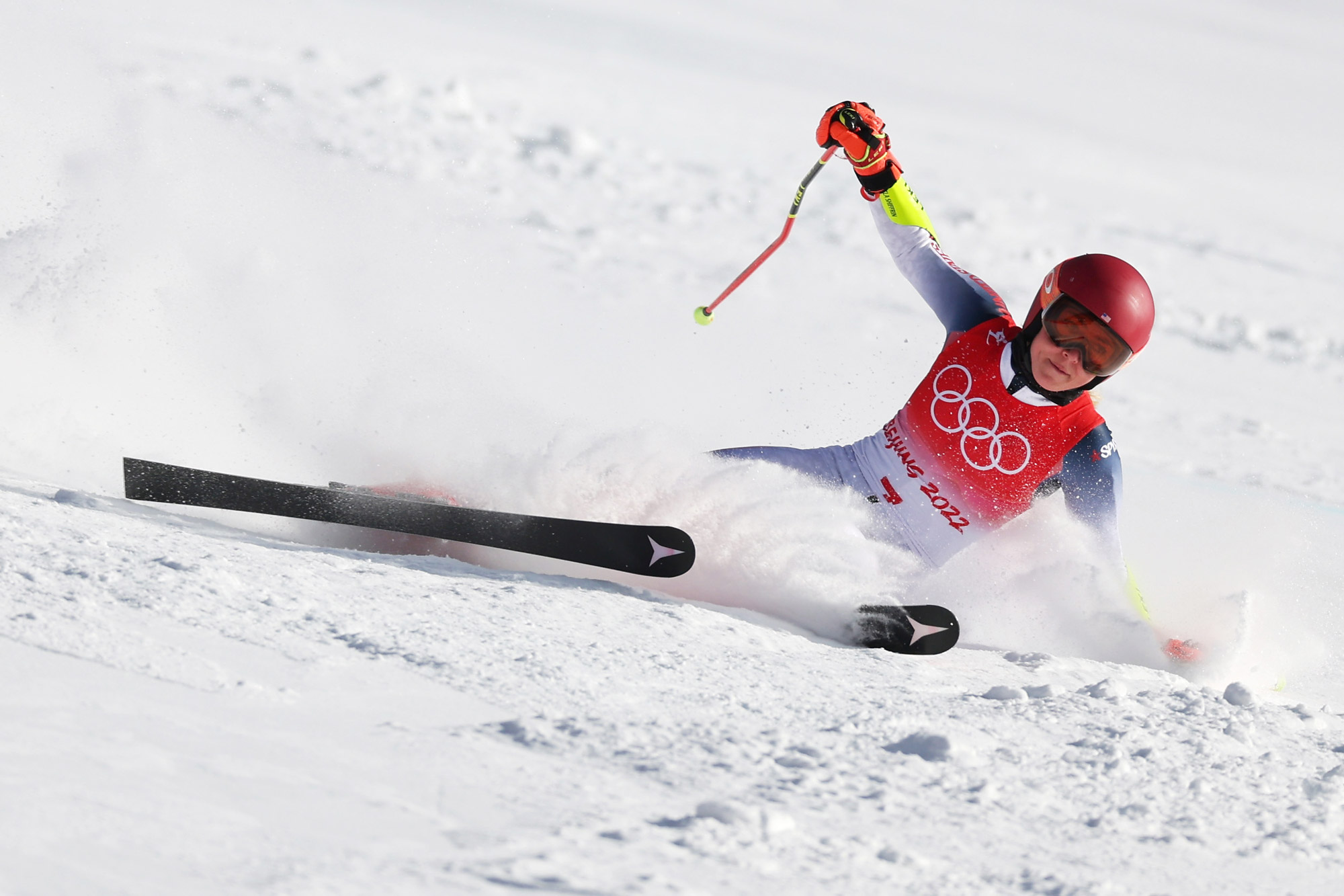 Team USA skier Mikaela Shiffrin falls during the giant slalom on Monday.