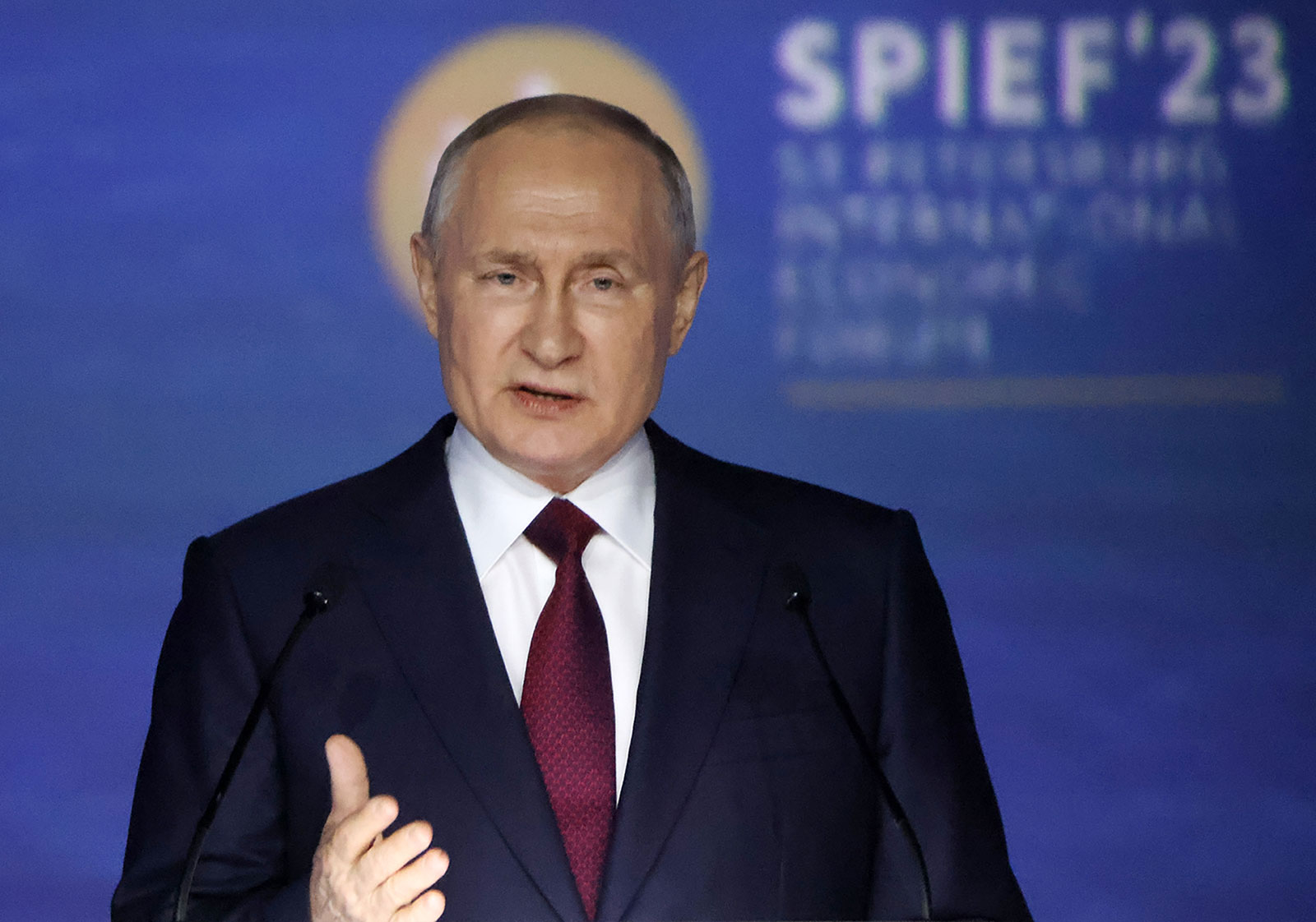 Putin speaks at the SPIEF 2023 St.Petersburg International Economic Forum on June 16, in Saint Petersburg, Russia.