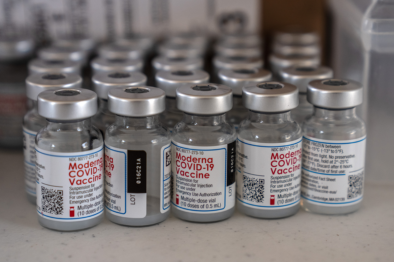 Moderna vaccines are prepared for application at a United States military vaccination centre at Camp Foster on April 28, in Ginowan, Japan.