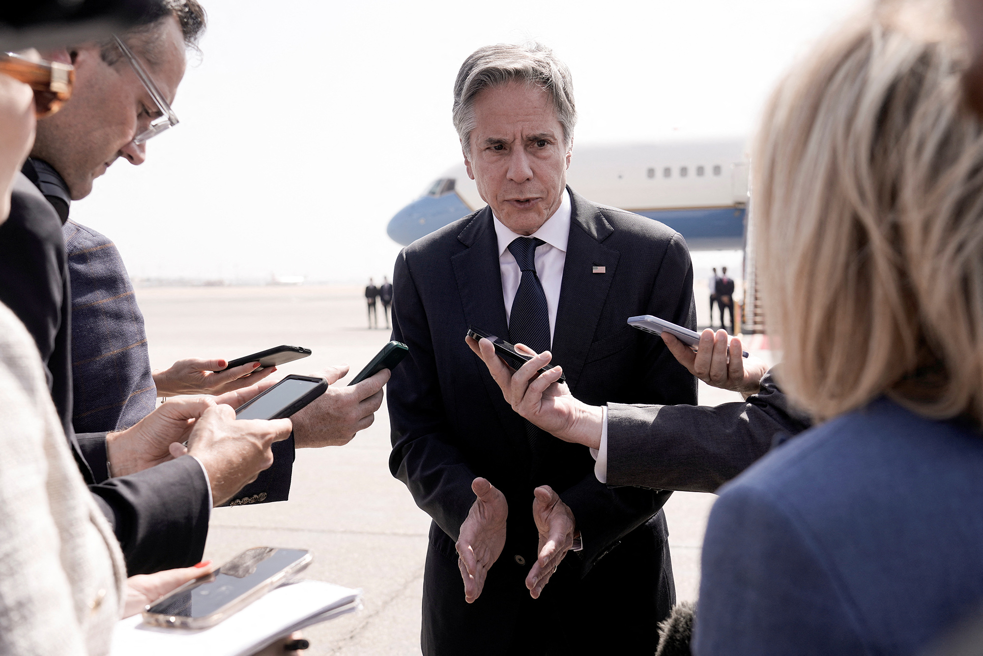 U.S. Secretary of State Antony Blinken speaks to members of the media after meeting with Egyptian President Abdel Fattah al-Sisi, at Cairo airport, Egypt, on June 10.