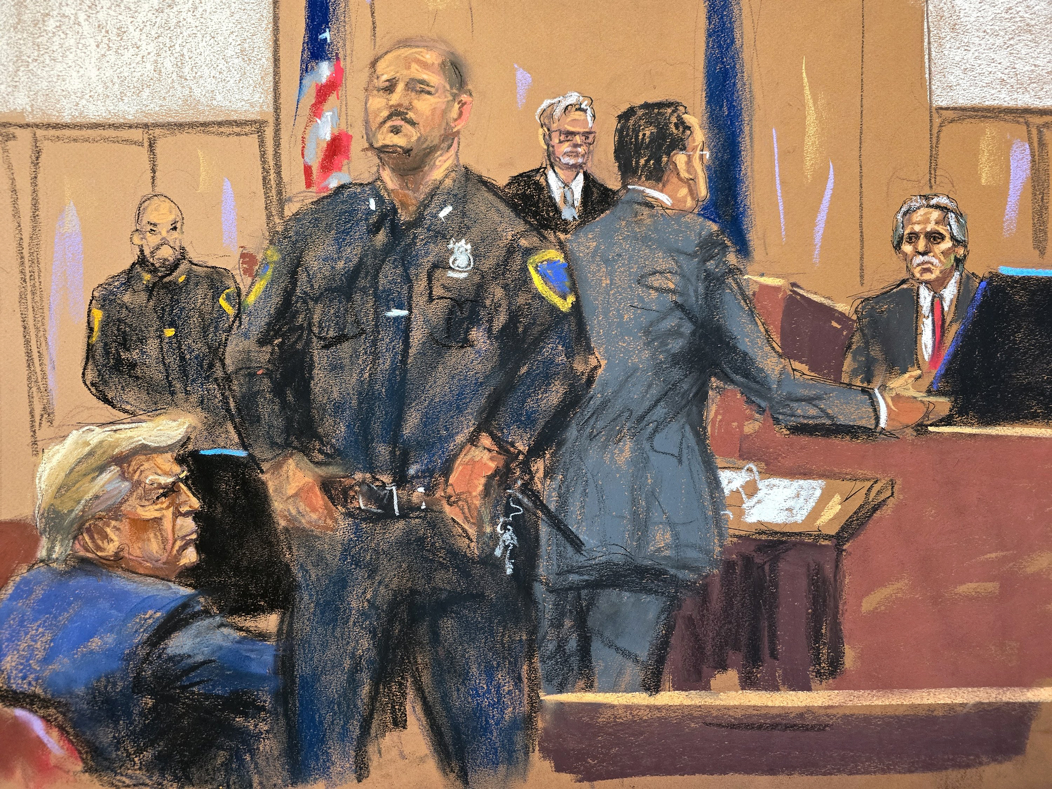 In this sketch from court, former President Donald Trump, bottom left, watches as David Pecker, right, testifies at Manhattan criminal court on April 26, in New York City.