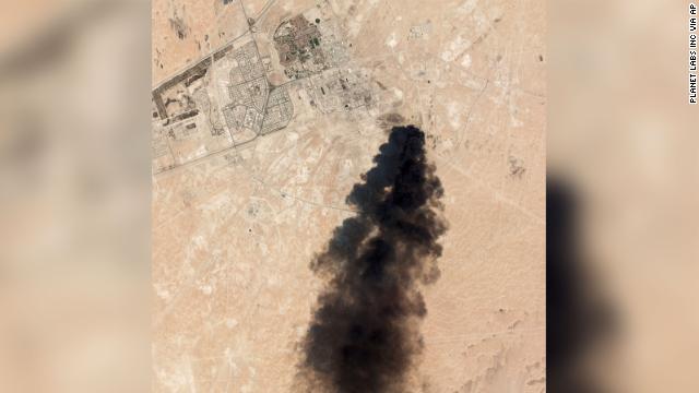 A satellite image taken Saturday, September 14, 2019, shows thick black smoke rising from the Abqaiq oil processing facility in Saudi Arabia.