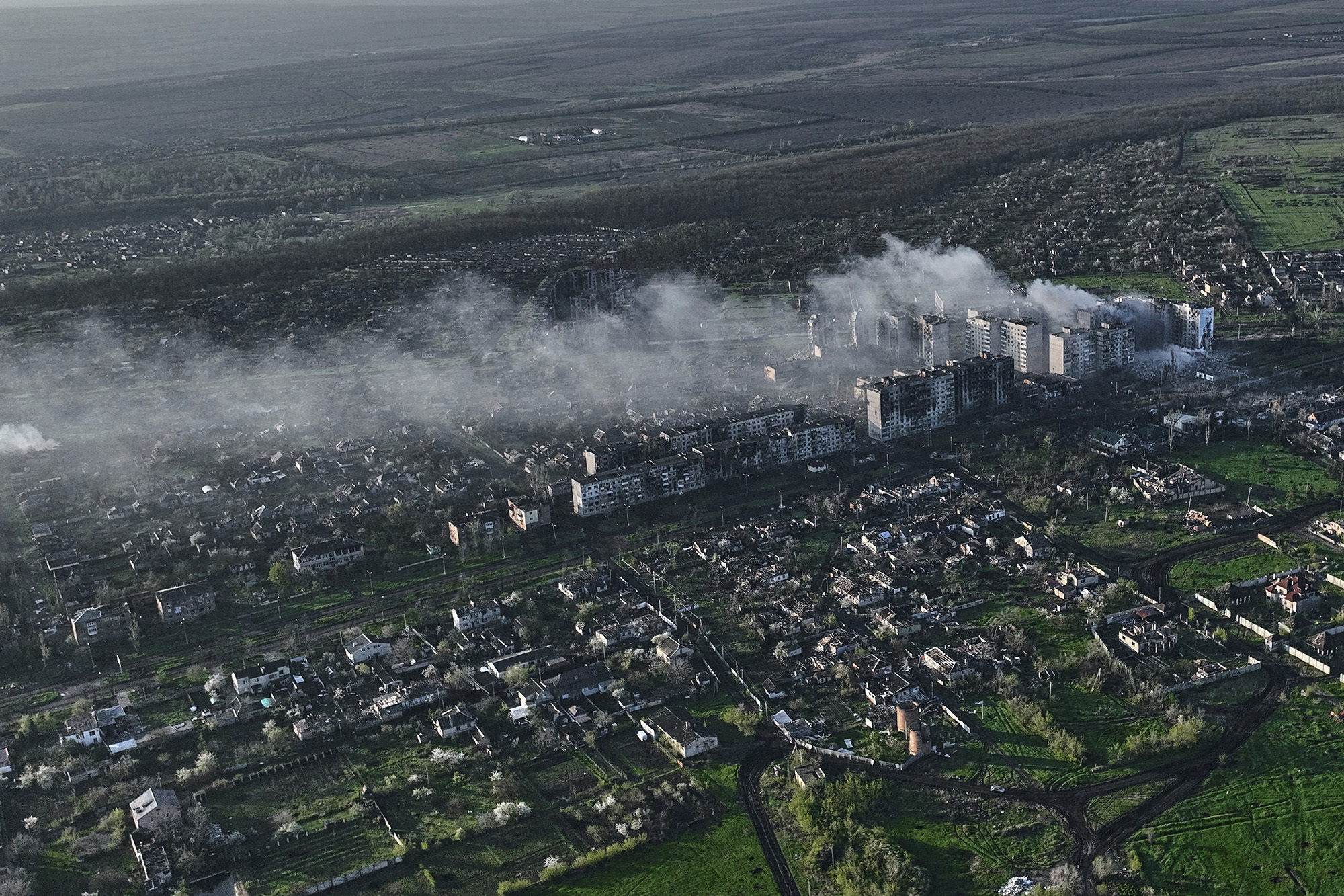 Smoke rises from buildings in this aerial view of Bakhmut, Ukraine, on April 26.