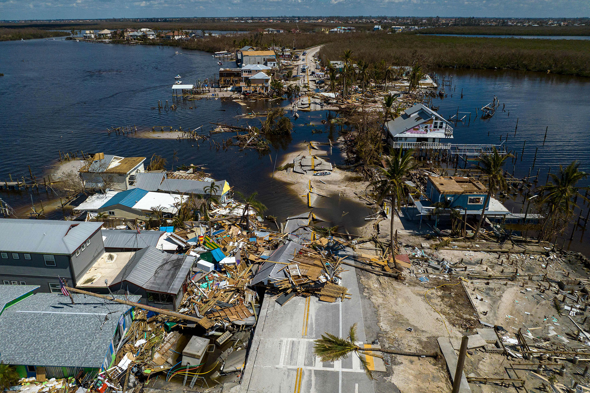 An aerial view of a destroyed road and homes in Matlacha, Florida, on October 1. 