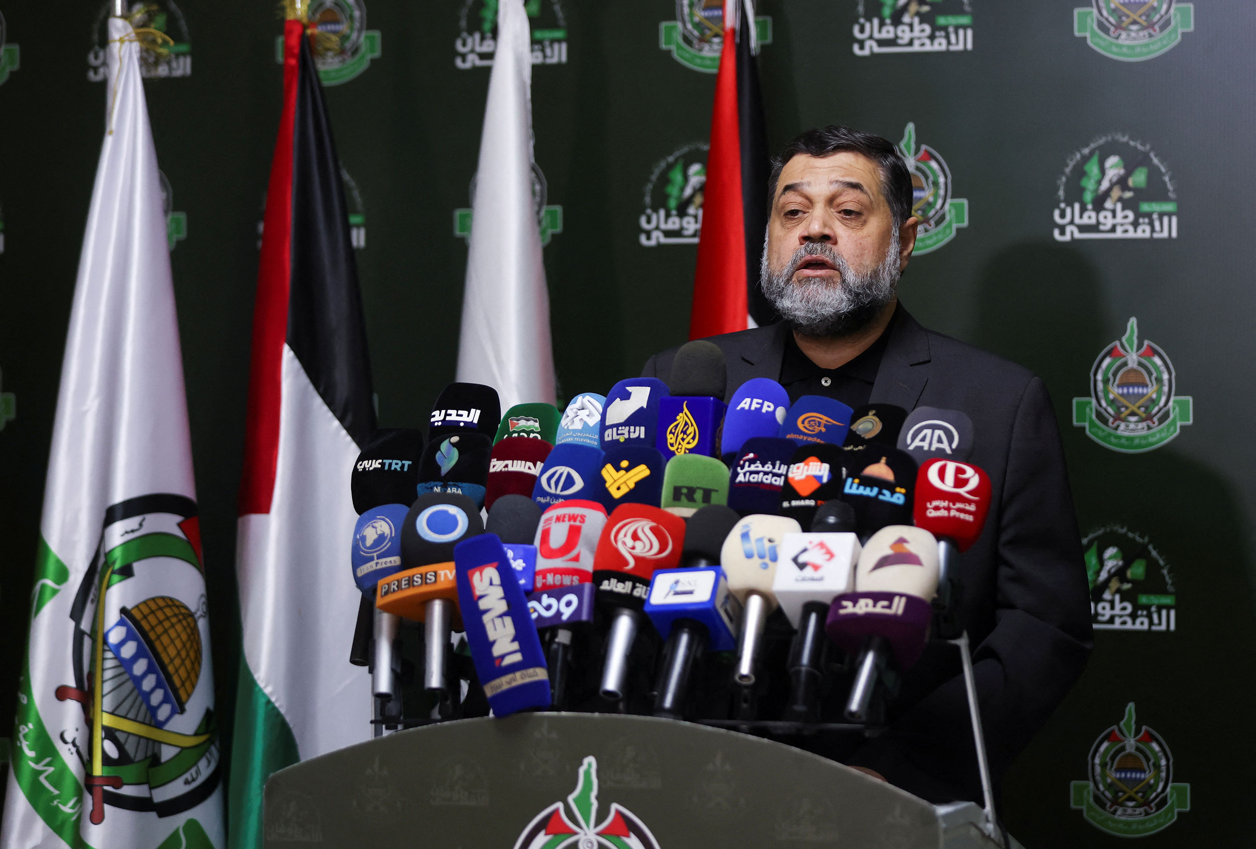 Hamas Representative Osama Hamdan speaks during a press conference in Beirut, Lebanon, on May 7.