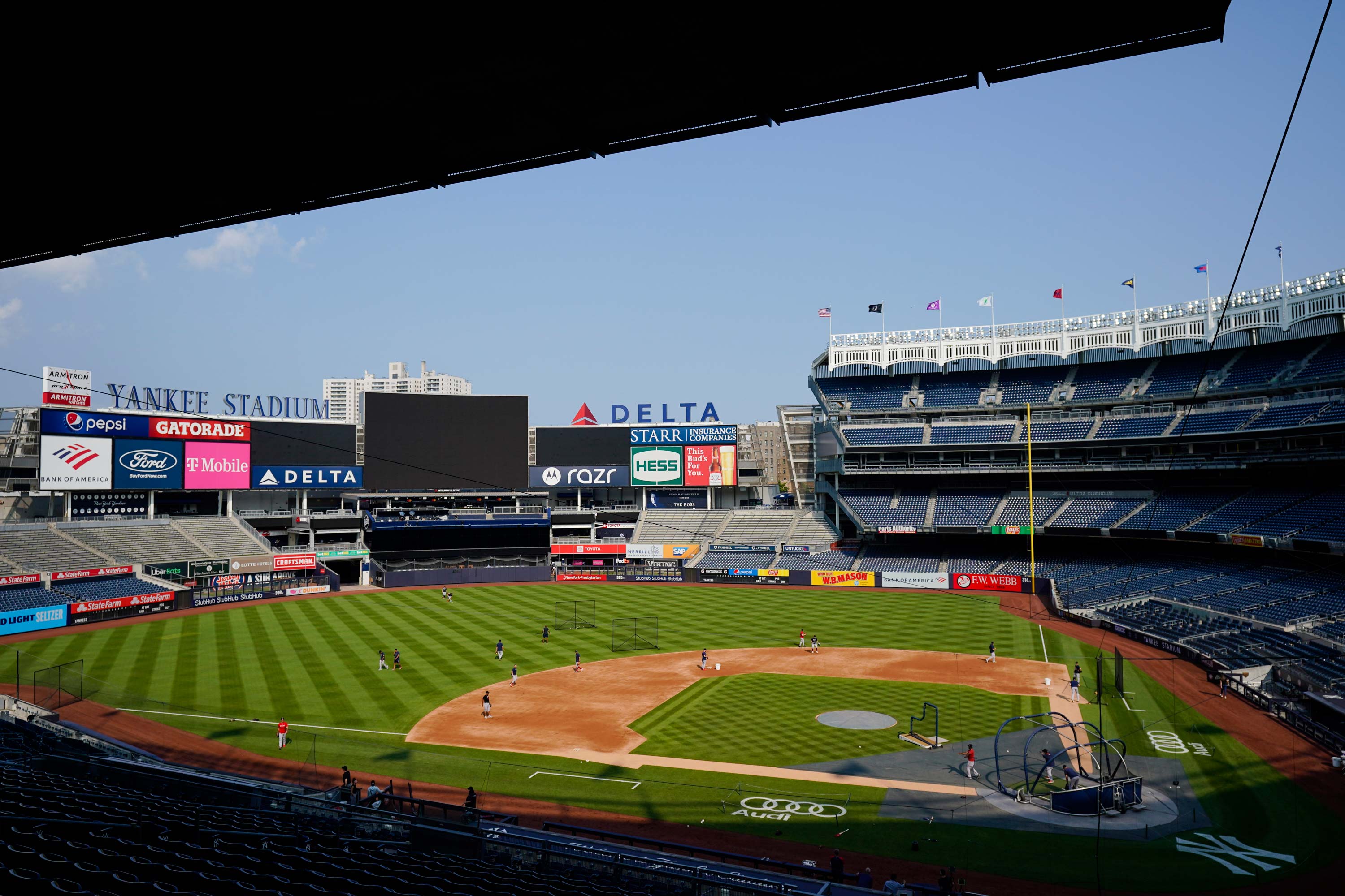 Boston Red Sox players take batting practice at Yankee Stadium on July 15 in New York. 