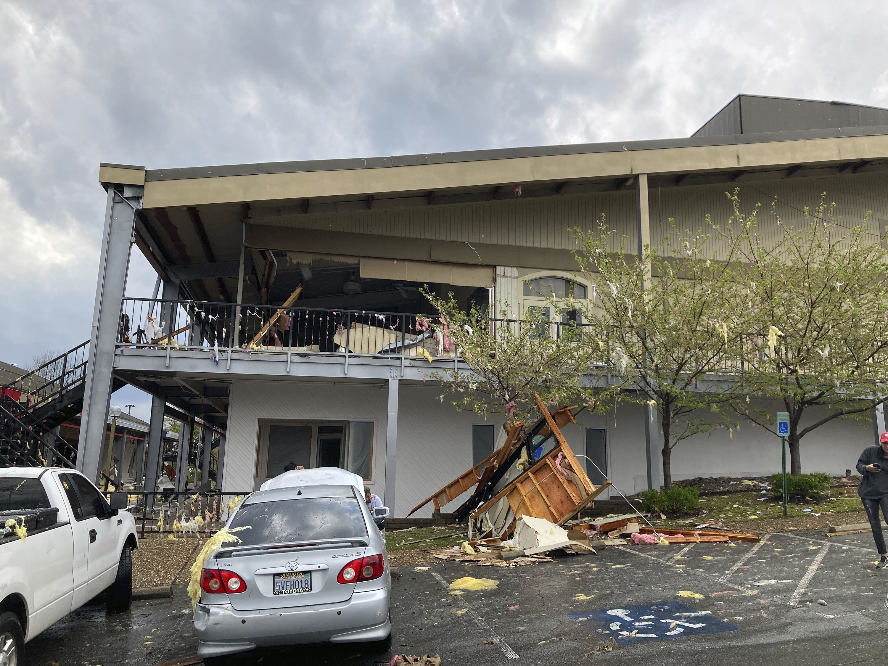 A building is damaged after a severe storm swept through Little Rock, Arkansas, Friday, March 31.