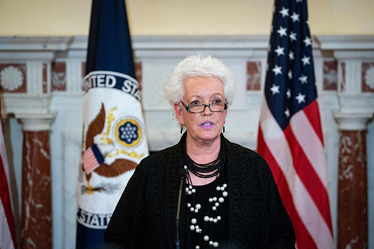 Gayle Smith speaks after US Secretary of State Antony Blinken announced her appointment as the new State Department Coordinator for Global COVID Response and Health Security on Monday, April 5, 2021.