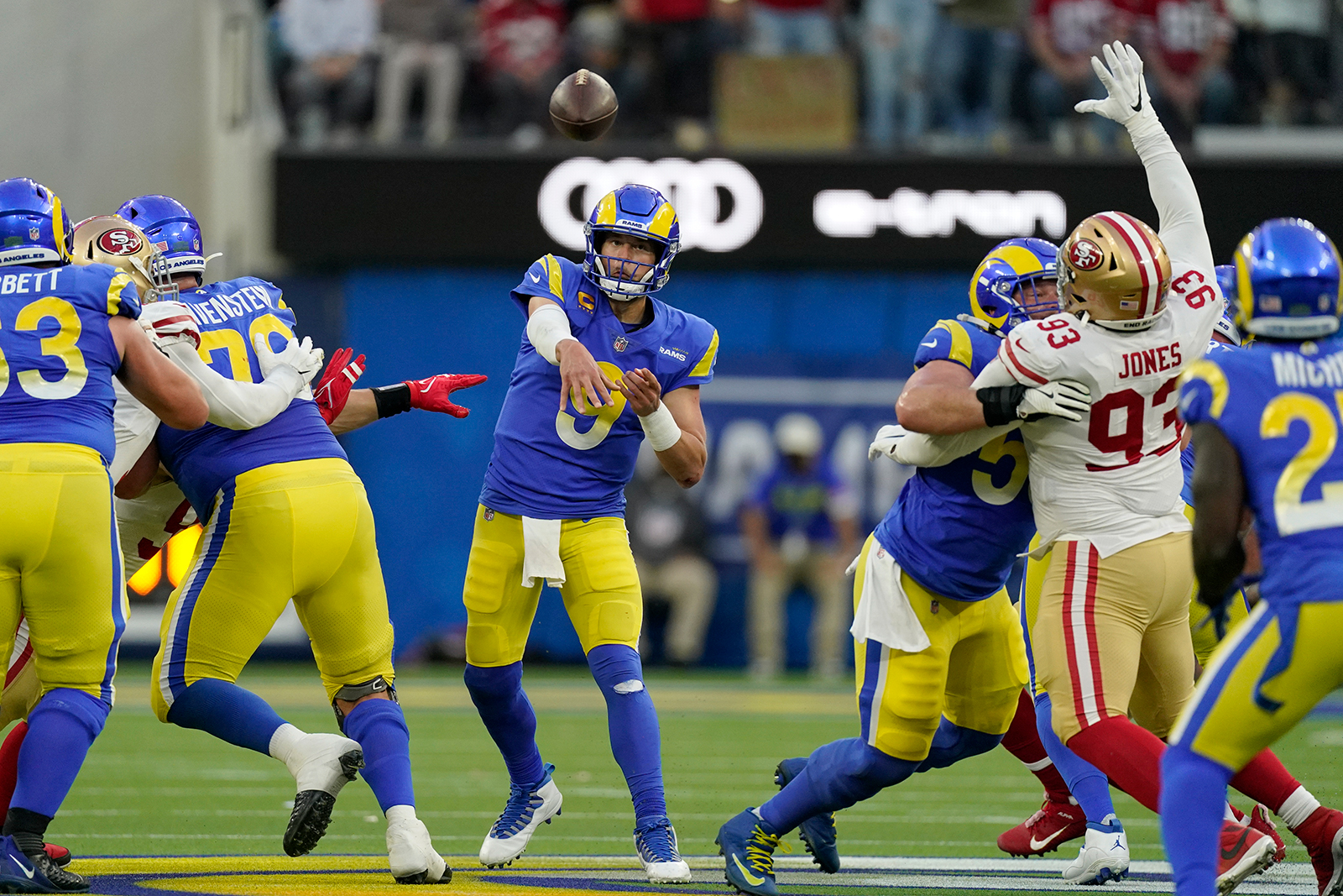 Los Angeles Rams place kicker Matt Gay (8) warms up before an NFL