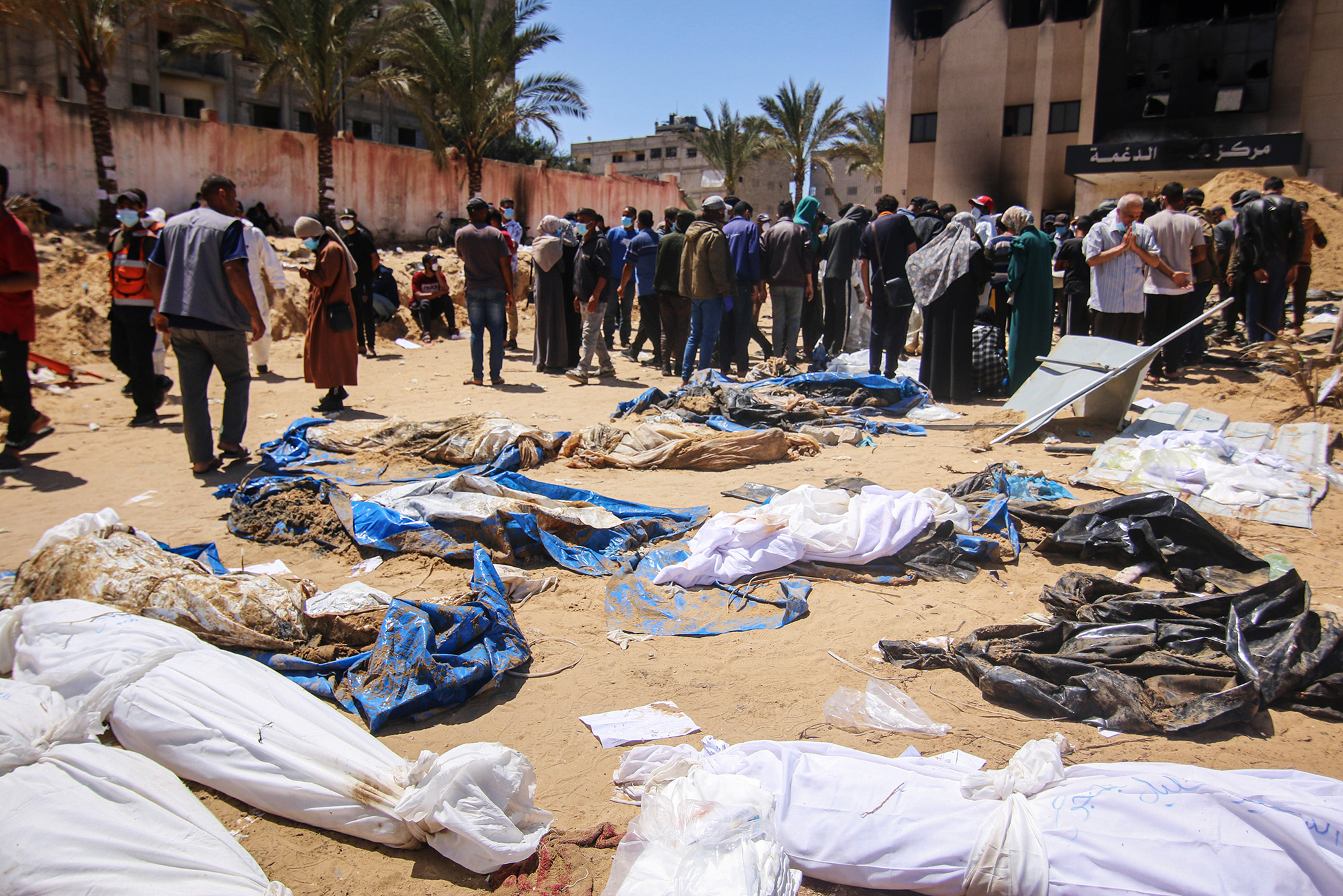 Bodies recovered from a mass grave at the Nasser Medical Hospital compound in Khan Younis, Gaza, on April 21.