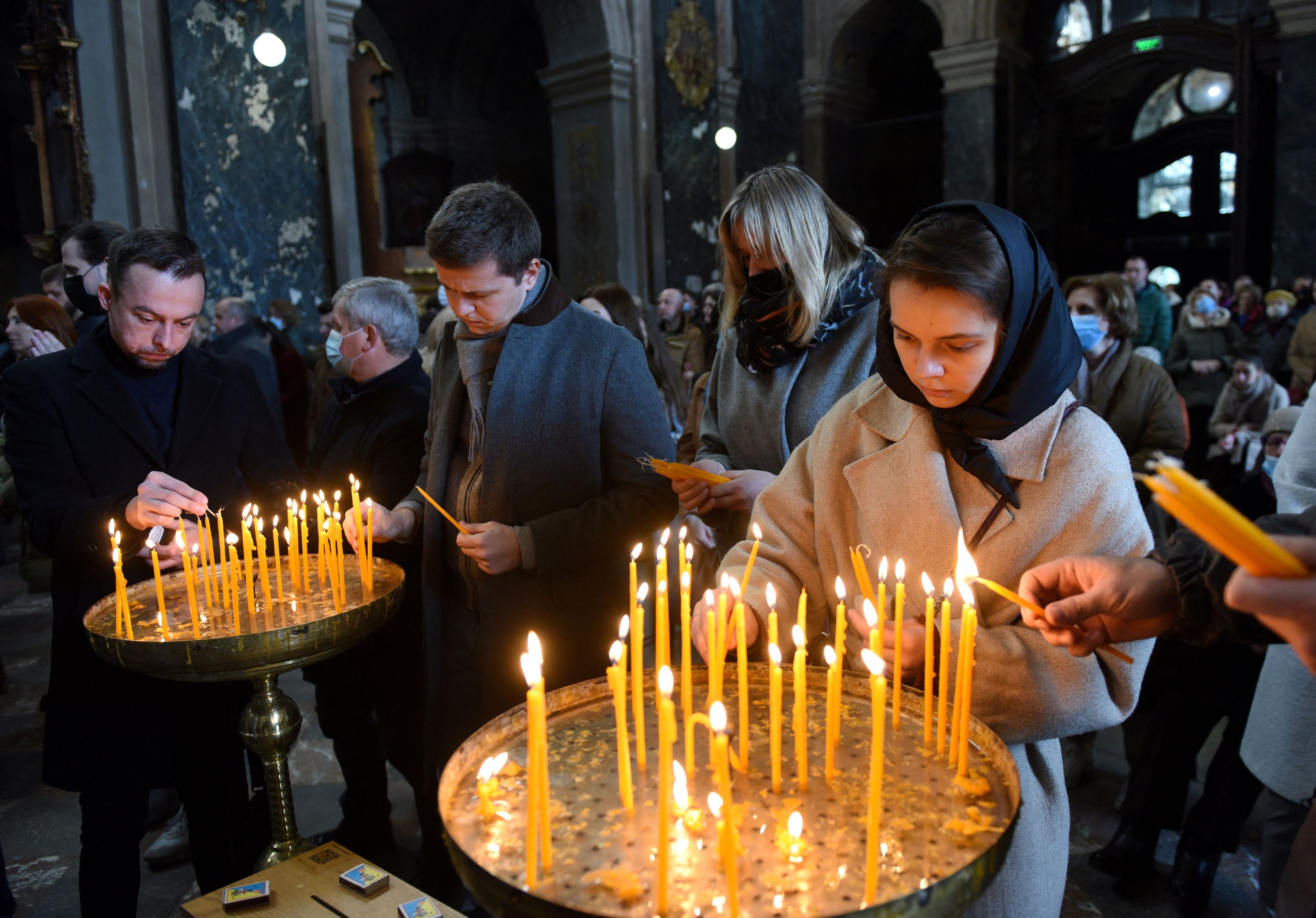 Sunday mass at Saints Peter and Paul Garrison Catholic Church in the western Ukrainian city of Lviv on March 27. 
