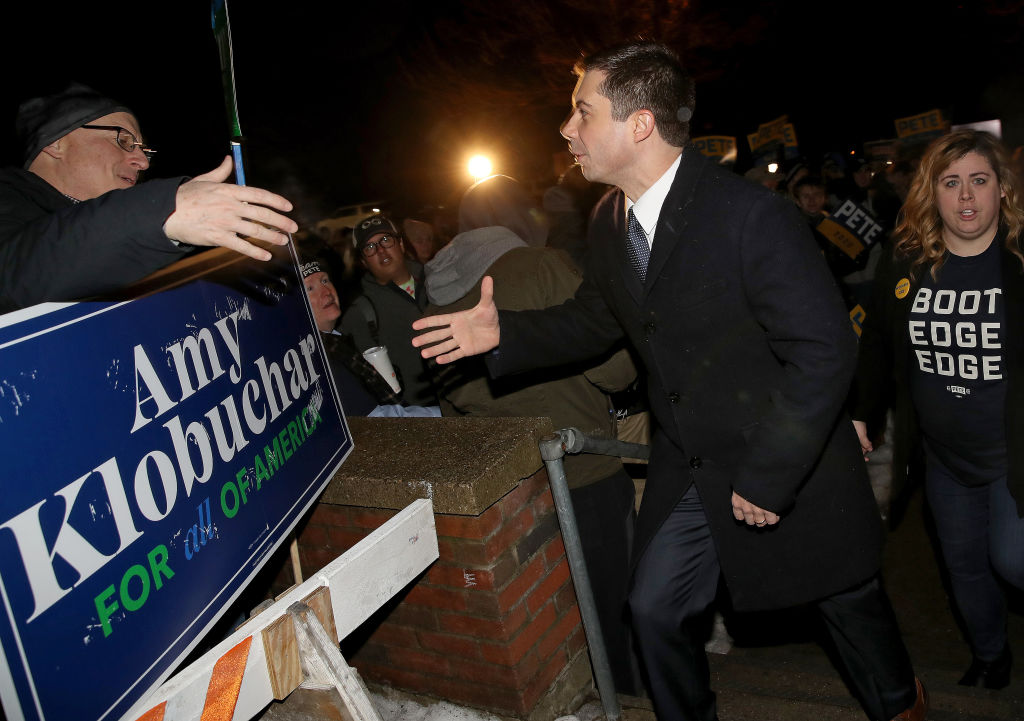 Former South Bend, Indiana, Mayor Pete Buttigieg greets New Hampshire voters outside Webster School Feb. 11, 2020 in Manchester, New Hampshire. 