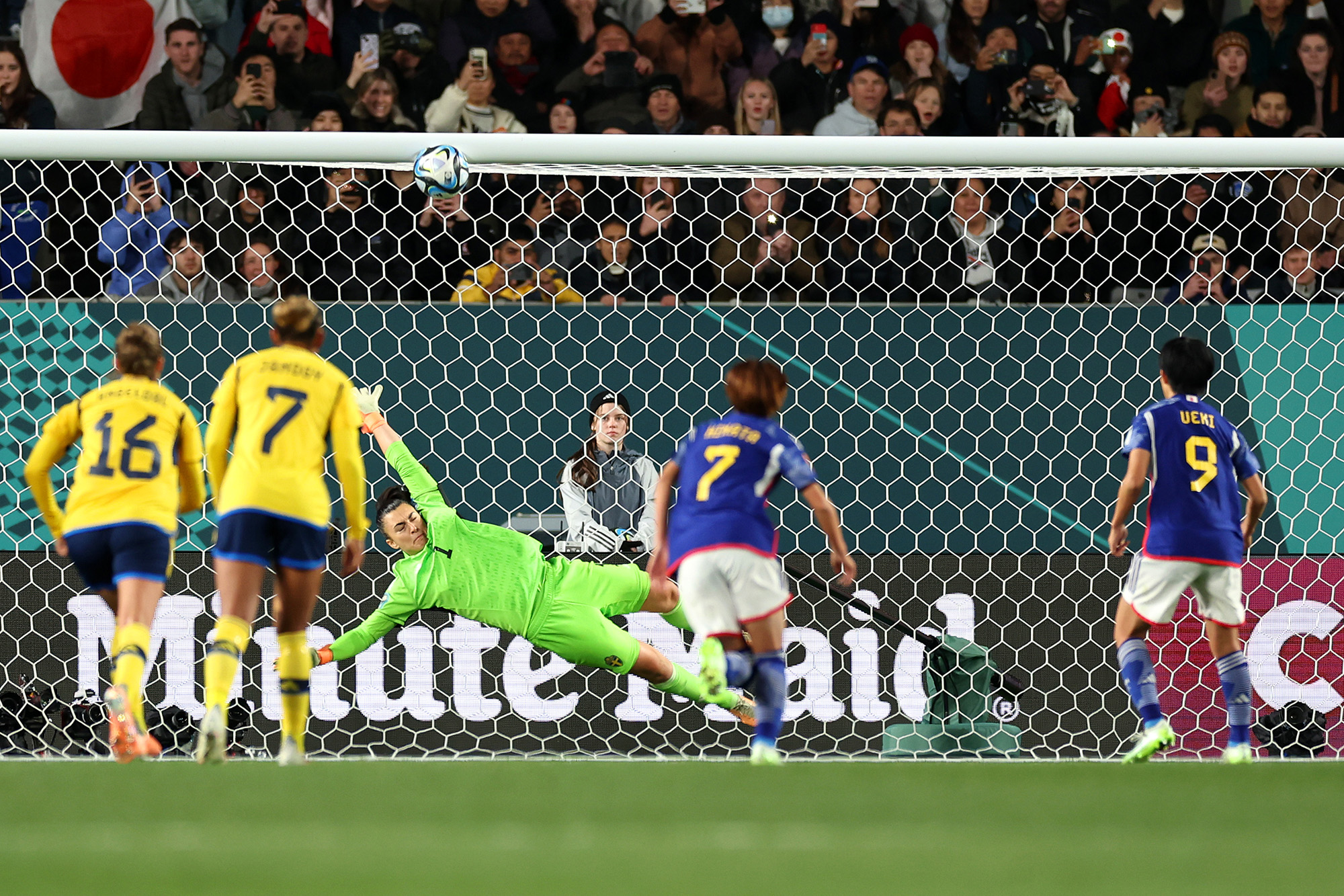 The penalty kick taken by Riko Ueki of Japan hits the crossbar during the FIFA Women's World Cup Australia & New Zealand 2023 Quarter Final match between Japan and Sweden at Eden Park on August 11, in Auckland, New Zealand. 