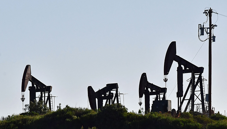 Working pumpjacks are seen in the Montebello Oil Field in Montebello, California, on February 23.