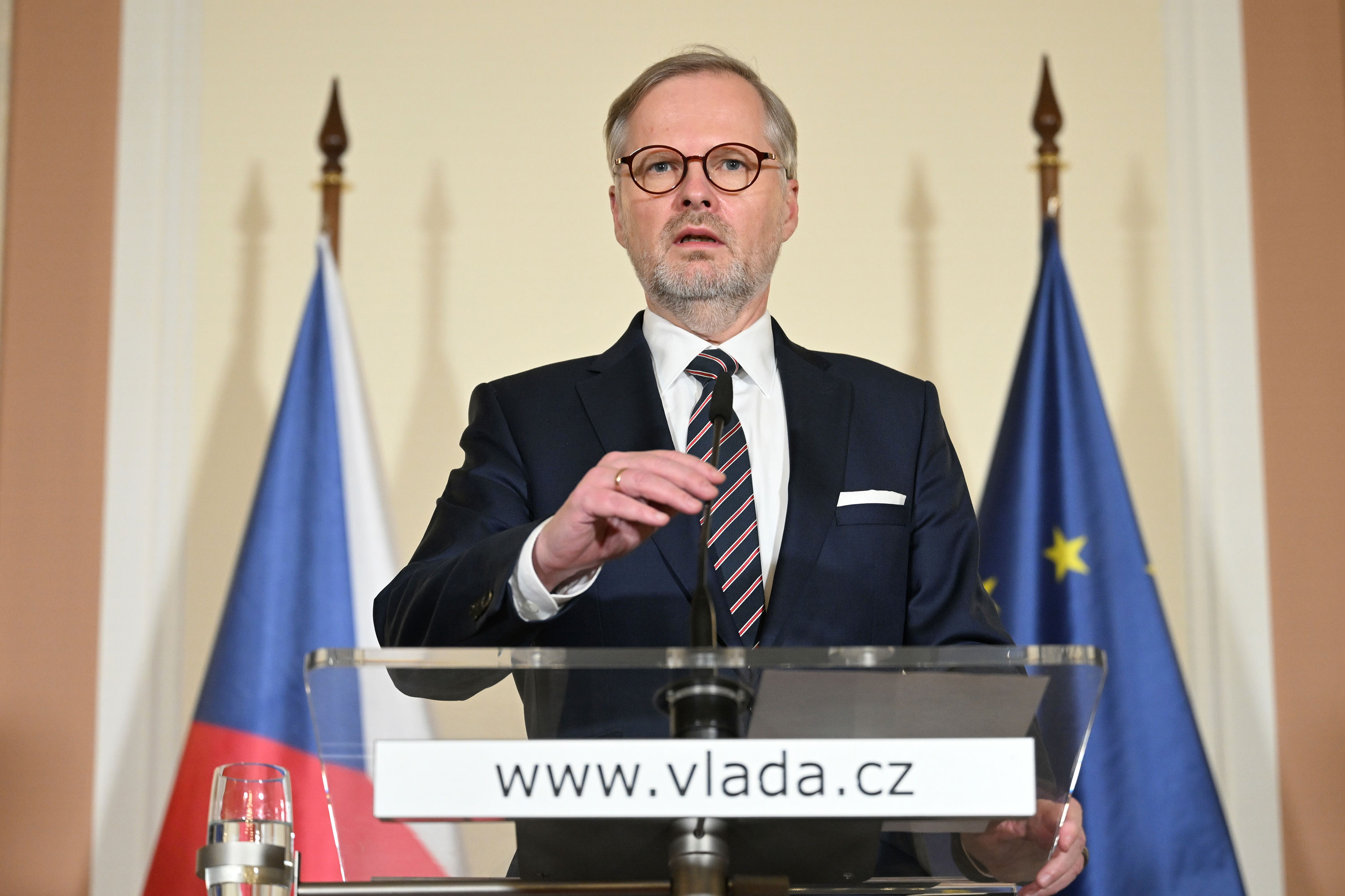 Czech Prime Minister Petr Fiala speaks during a press conference in Prague on Thursday. 