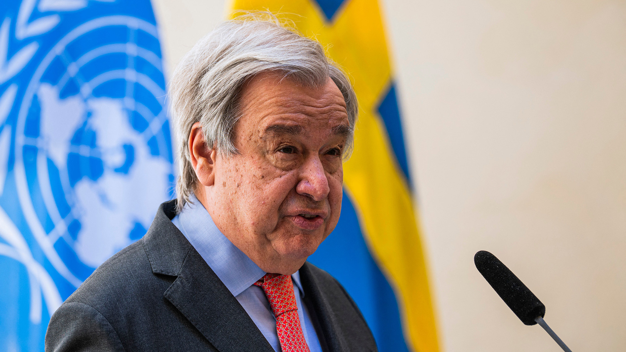 United Nations Secretary-General Antonio Guterres speaks with the media in Stockholm on June 1.