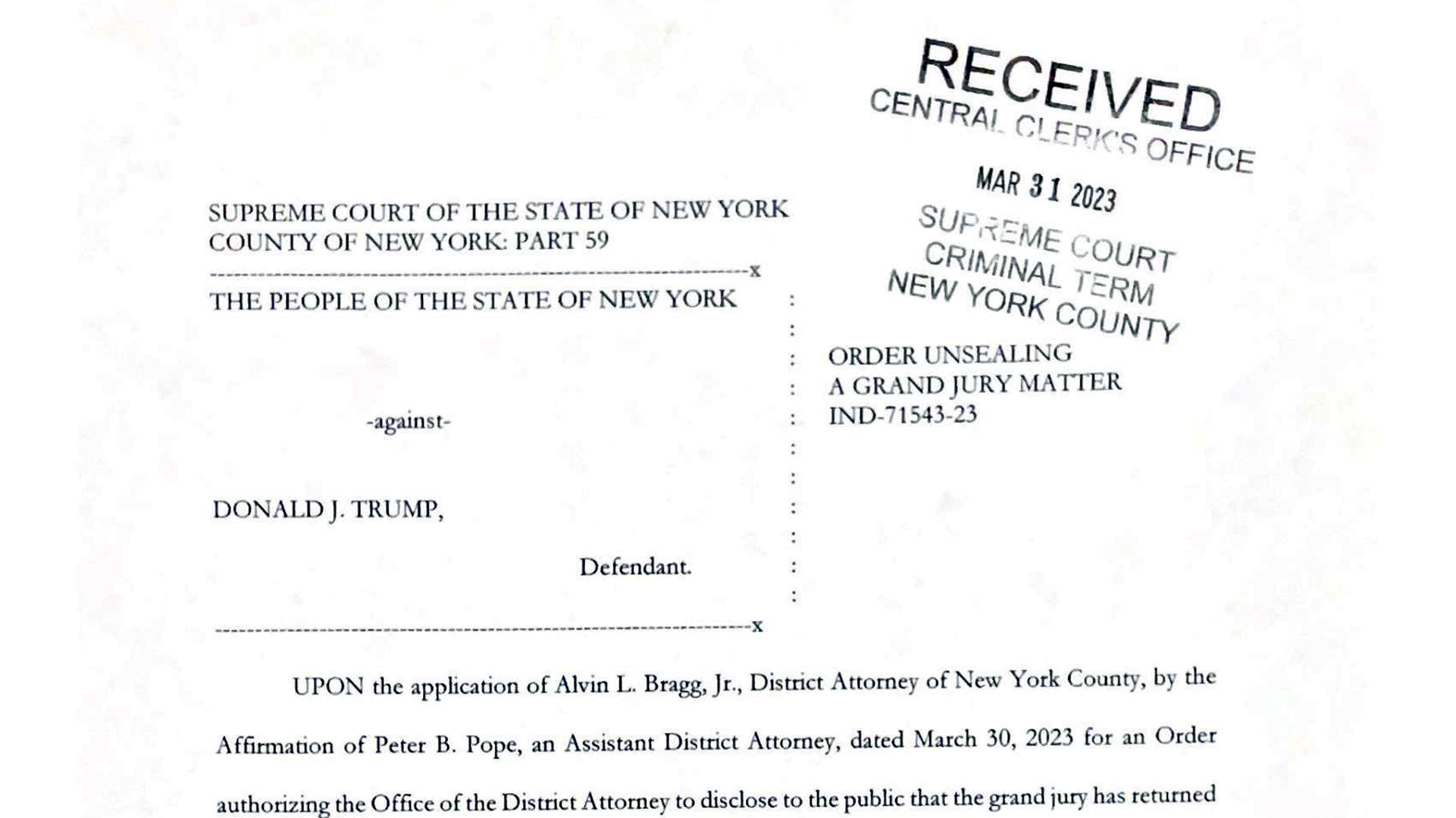 This screenshot shows a portion of a court order from the judge overseeing the case against former President Donald Trump to grant the Manhattan District Attorney authorization to publicly disclose that an indictment against Trump was returned. 