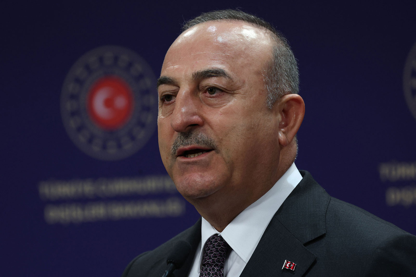 Turkish Foreign Minister Mevlut Cavusoglu speaks during a press conference held with his Hungarian counterpart after their meeting in Ankara, Turkey, on February 27.