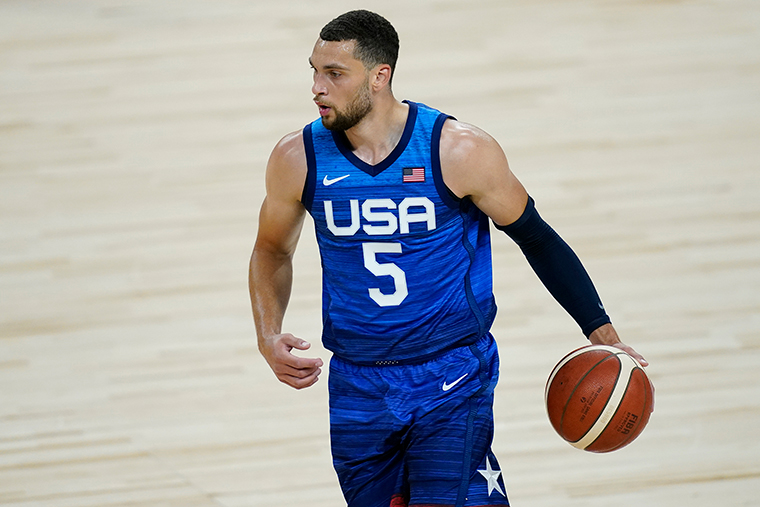 United States' Zach LaVine plays against Australia during an exhibition basketball game Monday, July 12, in Las Vegas. 