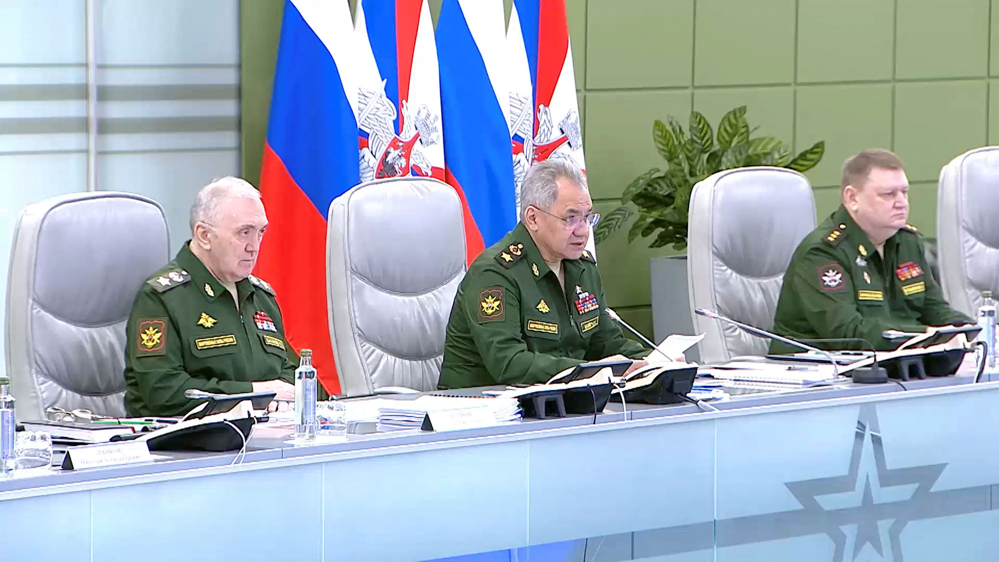 A still image from video shows Russian Defence Minister Sergei Shoigu during a teleconference with the country's high-ranking military in Moscow, Russia, on May 30.