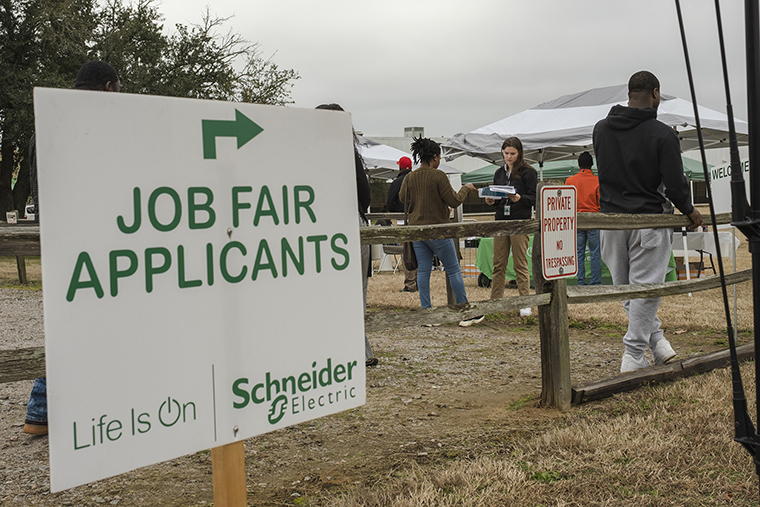 Job seekers check-in to a job fair in Hopkins, South Carolina, on January 18.