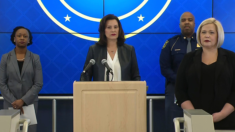 Michigan Gov. Gretchen Whitmer speaks at a press conference on Wednesday, March 18.