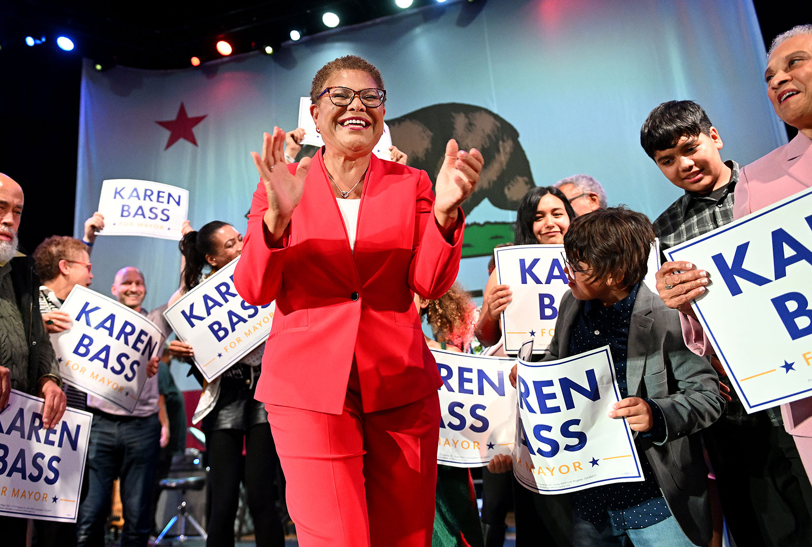 Karen Bass smiles with her supporters during an election night party at the Palladium in Hollywood, California, on November 8. 