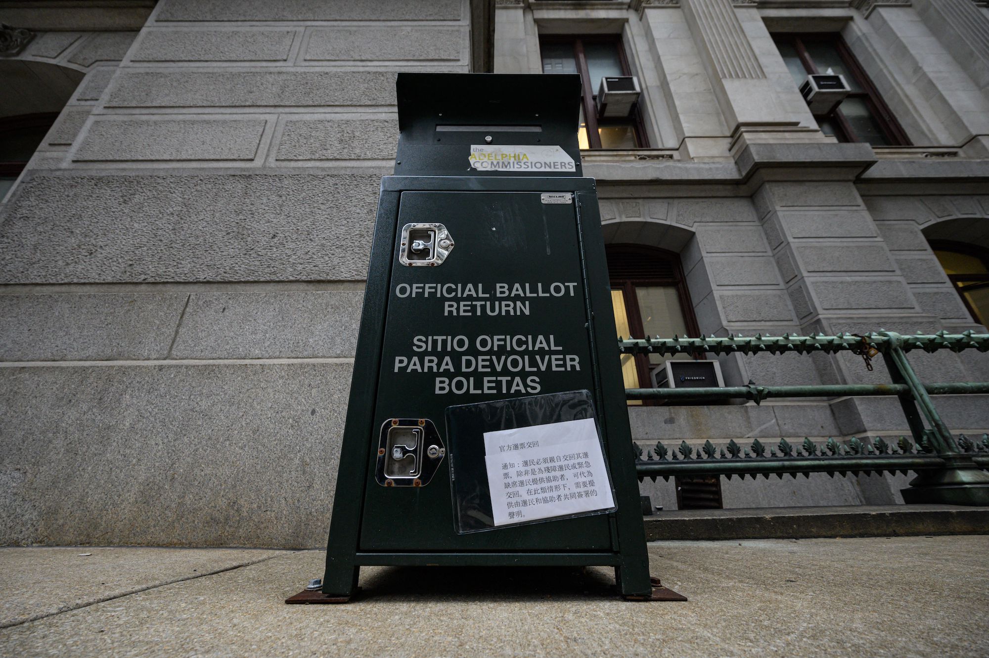 A vote-by-mail box is displayed outside City Hall in Philadelphia on October 24.