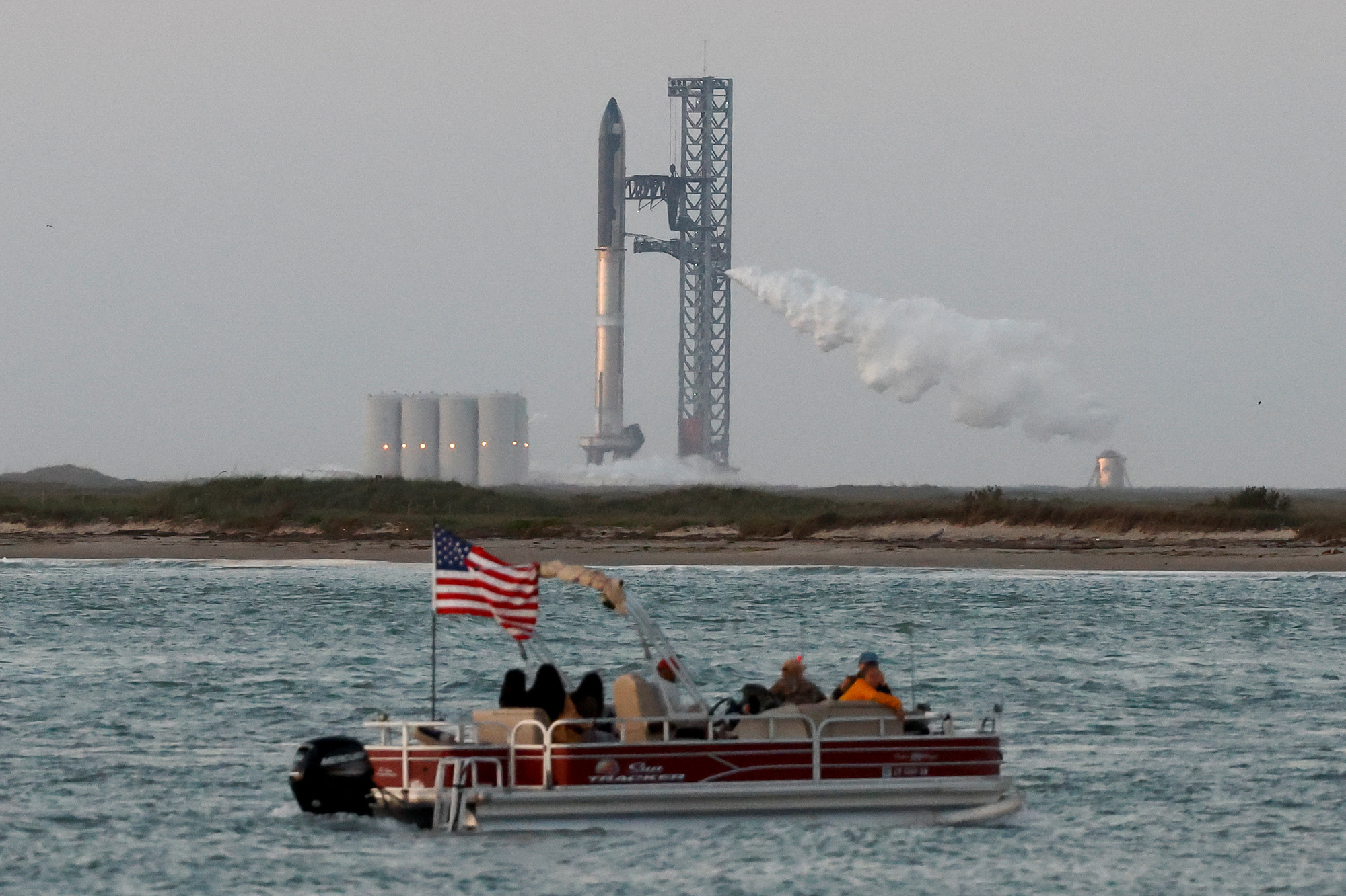 SpaceX's Starship is seen ahead of its lift off from the company's Boca Chica launchpad on an orbital test mission near Brownsville, Texas, on April 17. 