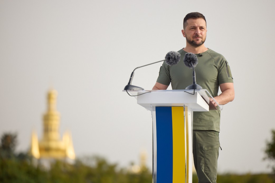 Ukrainian President Volodymyr Zelensky delivers a speech on Ukraine's Day of the National Flag, August 23.