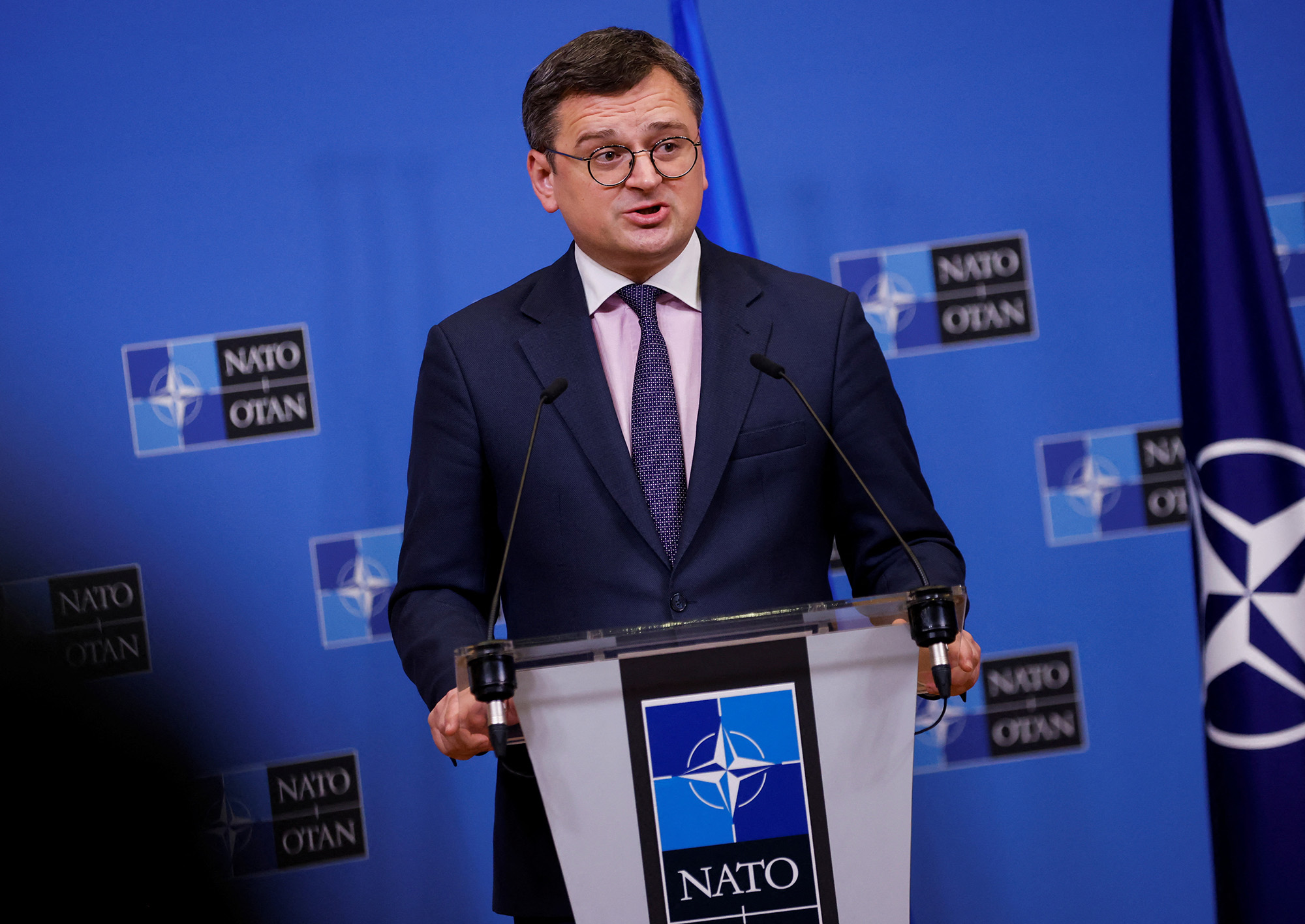 Ukrainian Minister for Foreign Affairs Dmytro Kuleba attends a news conference at NATO headquarters in Brussels, Belgium, on February 21.