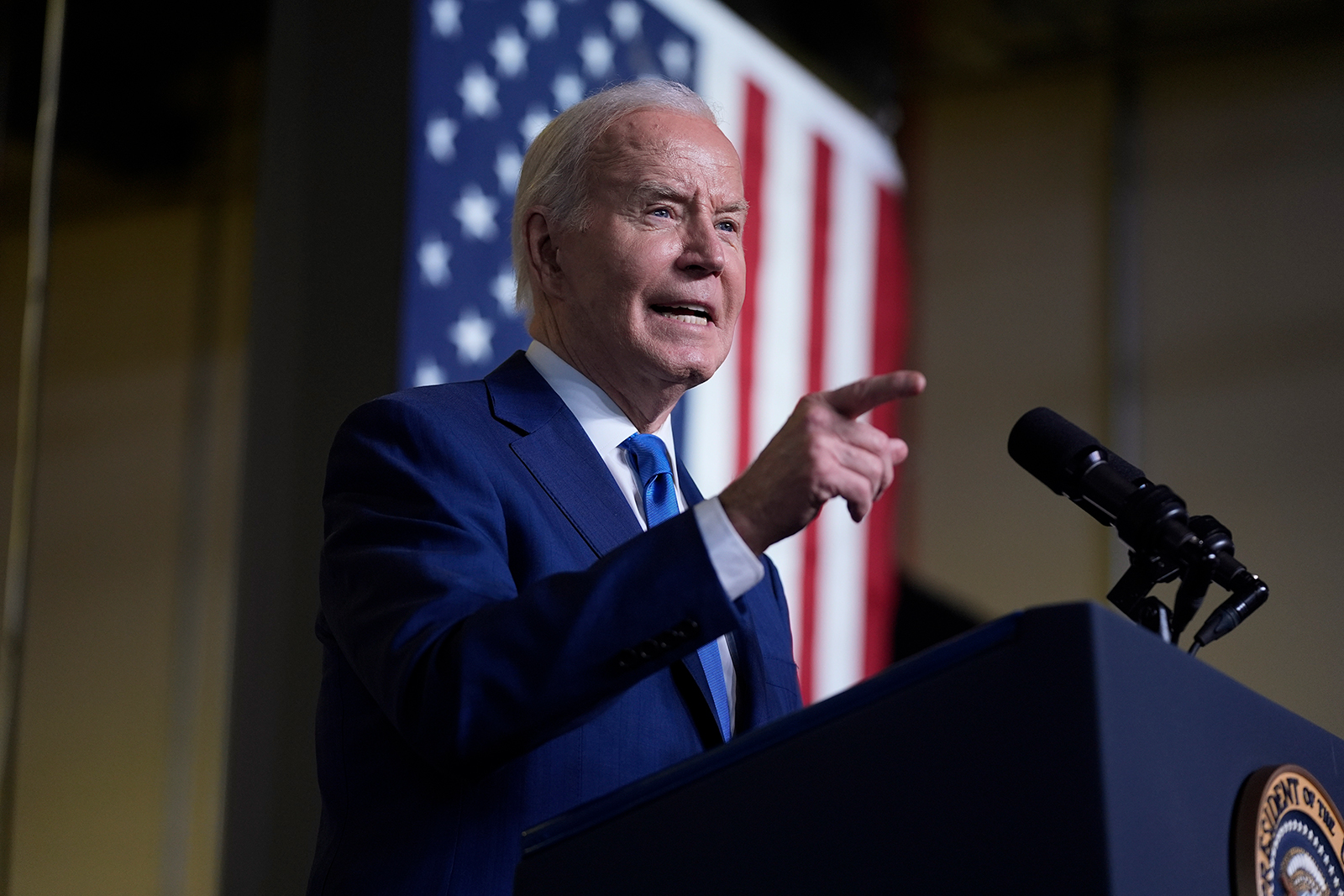 Joe Biden delivers remarks on May 8, in Sturtevant, Wis. on May 8. (AP Photo/Evan Vucci)