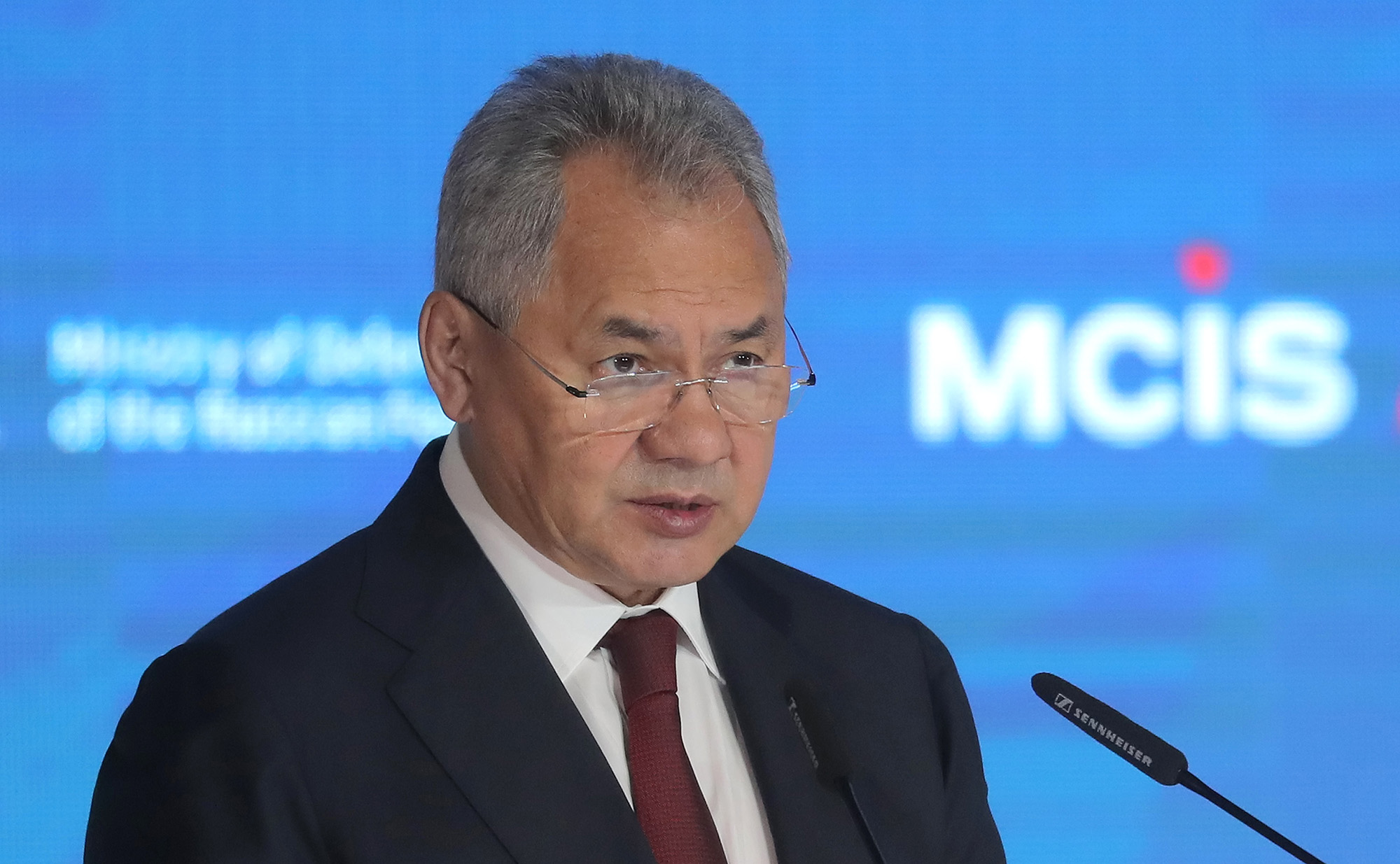 Russian Defence Minister Sergei Shoigu speaks during the Moscow Conference on International Security (MCIS) at the Patriot Park in Kubinka, near Moscow, on August 16.