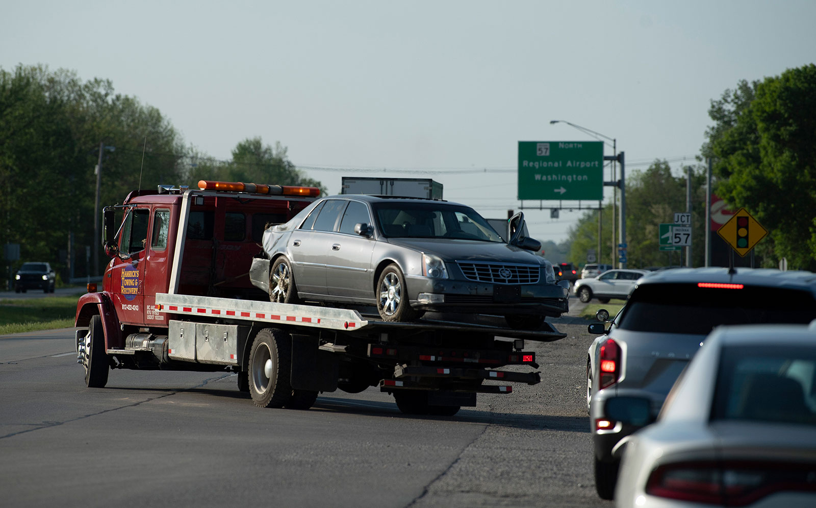 A tow truck recovers the Cadillac connected to Vicky White and Casey White in Evansville, Indiana, on May 9.