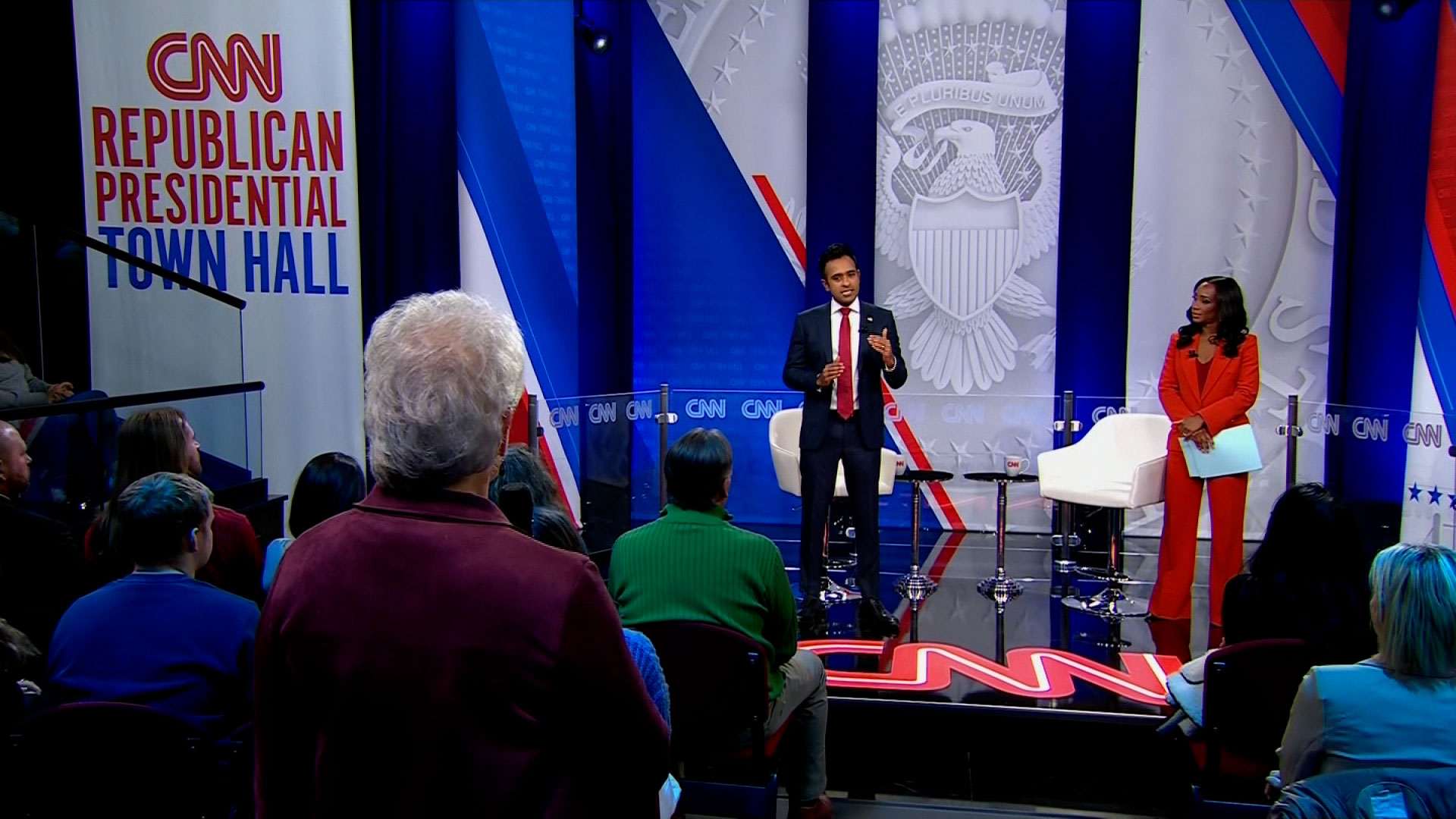 Republican presidential candidate Vivek Ramaswamy participates in a CNN Republican Town Hall moderated by CNN’s Abby Phillip at Grand View University in Des Moines, Iowa, on Wednesday, December 13, 2023.