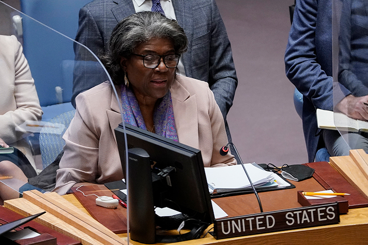 Linda Thomas-Greenfield, United States Ambassador to the United Nations, speaks during the United Nations Security Council meeting at the United Nations on Tuesday, April 19 in New York City. 