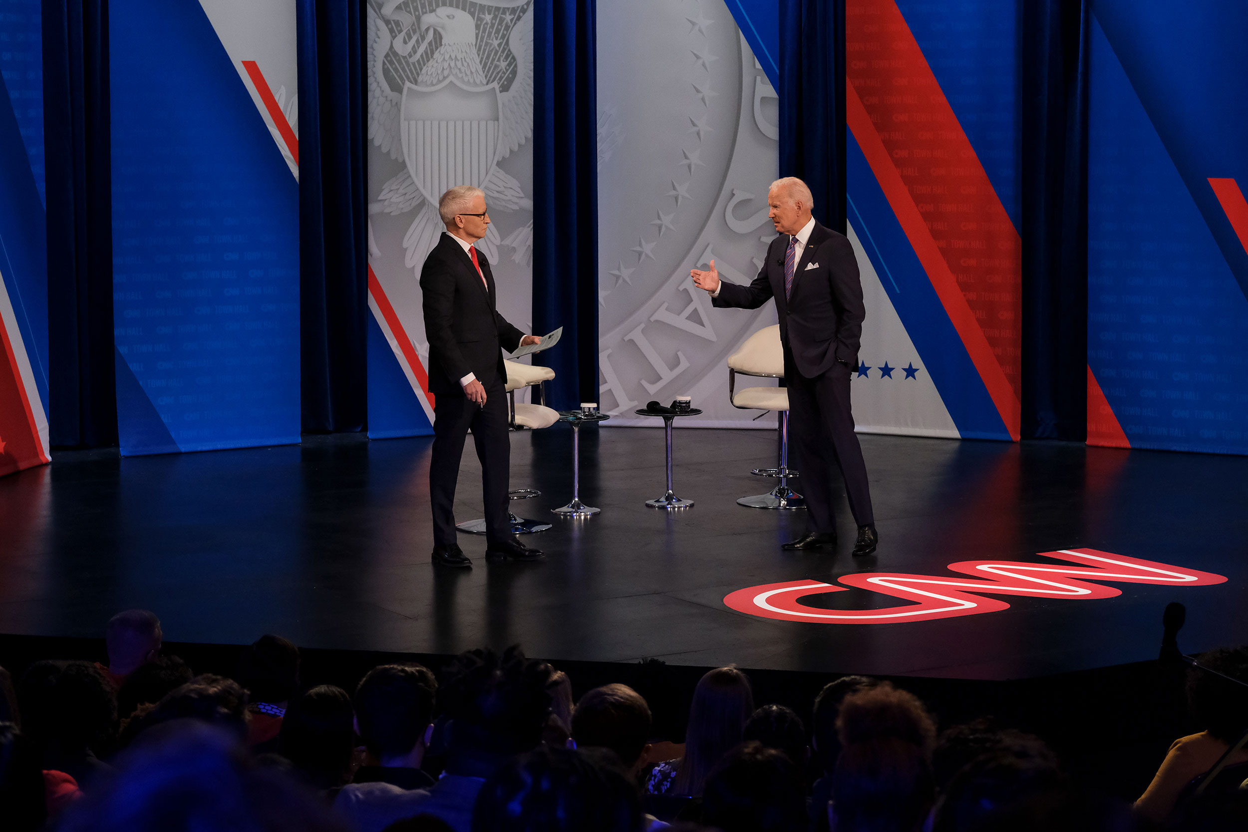 President Joe Biden speaks with CNN anchor and host Anderson Cooper at CNN's Presidential Town Hall in Baltimore, Maryland, on October 21.