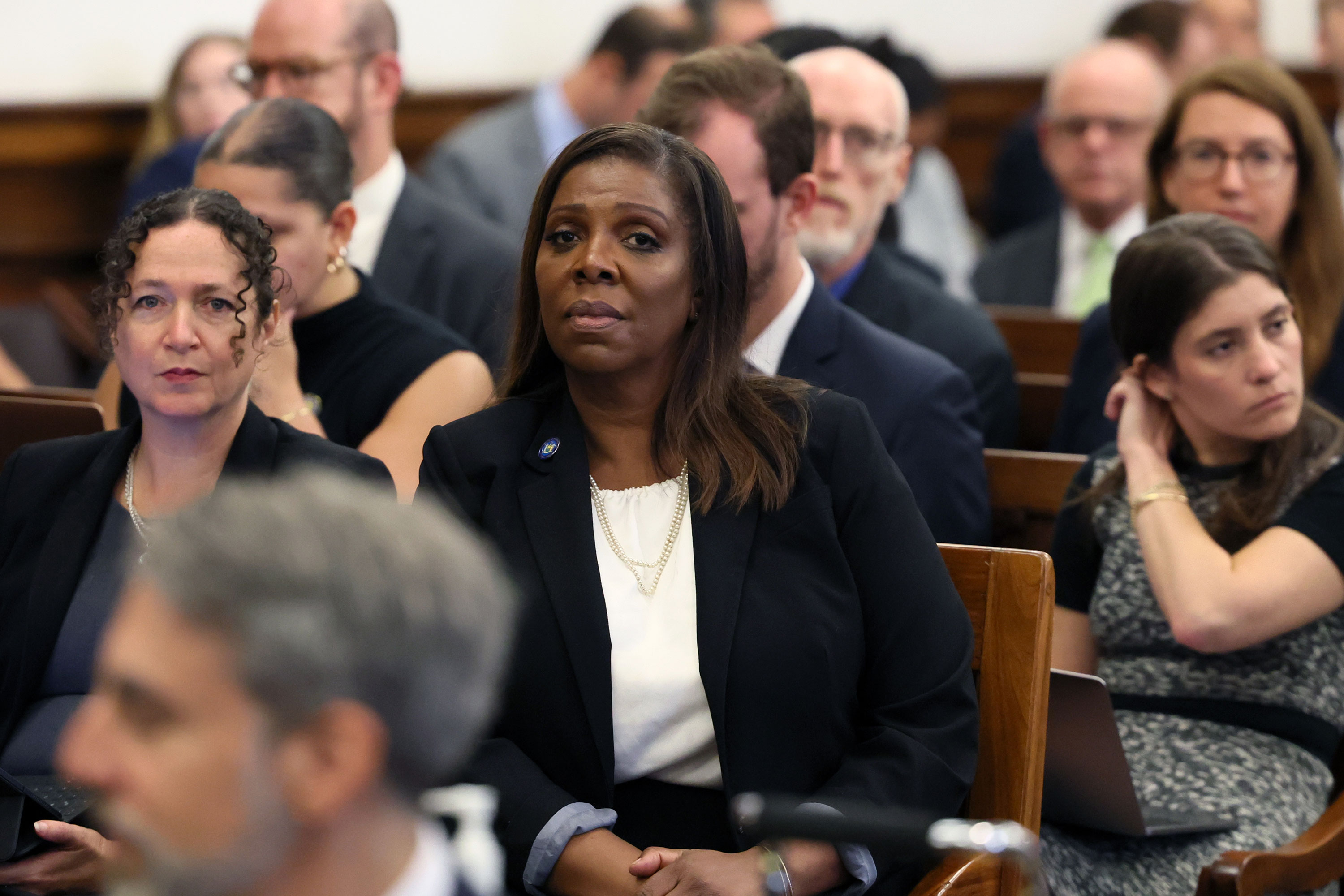 New York Attorney General Letitia James watches from the gallery as former President Donald Trump appears in court in New York in October.